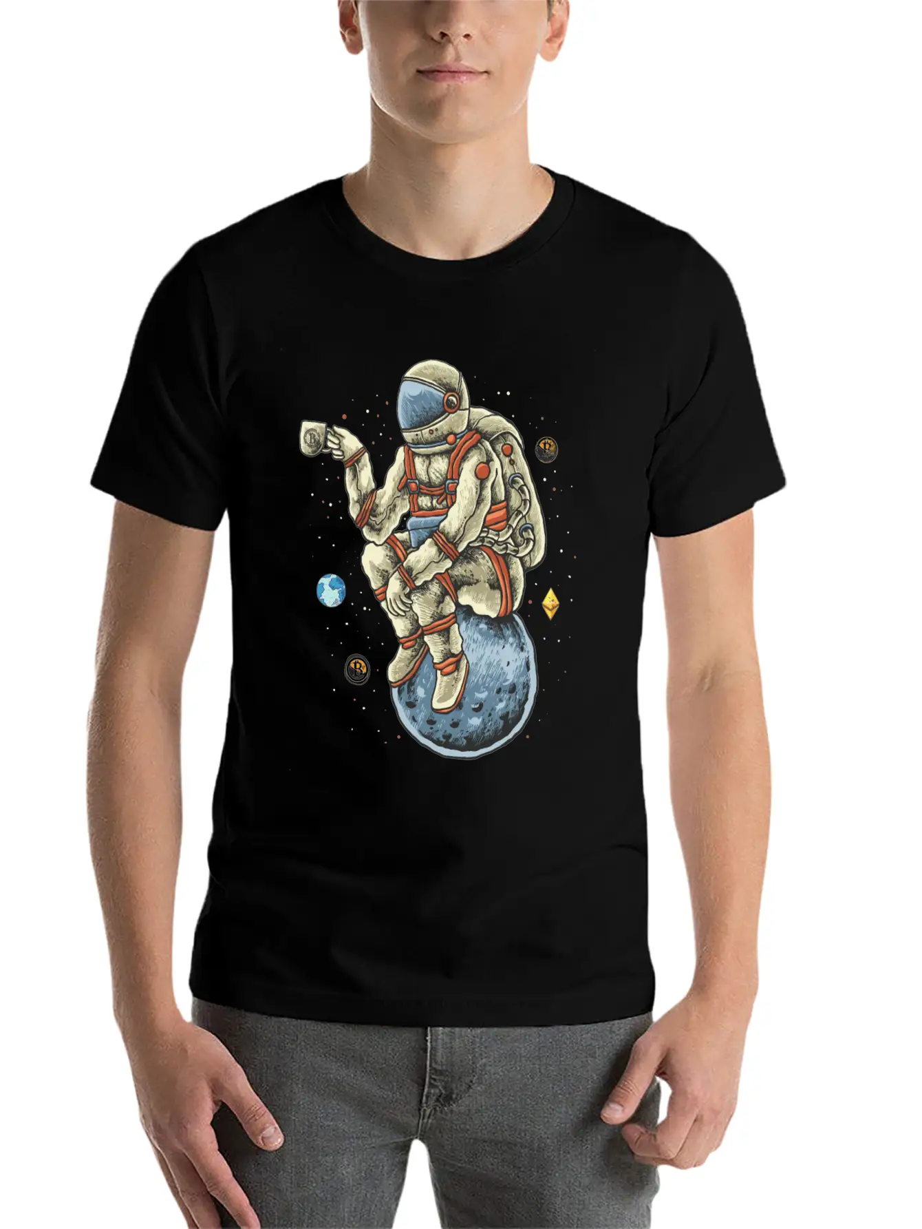 Space Man Chilling Coffee Moon Bitcoin Ethereum Unisex Casual T-Shirt – Clean Design For Daily Comfort
