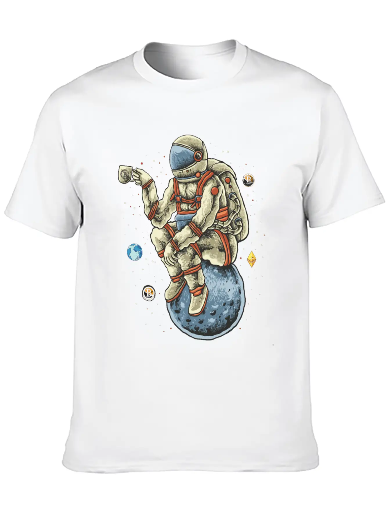 Space Man Chilling Coffee Moon Bitcoin Ethereum Unisex Casual T-Shirt – Clean Design For Daily Comfort