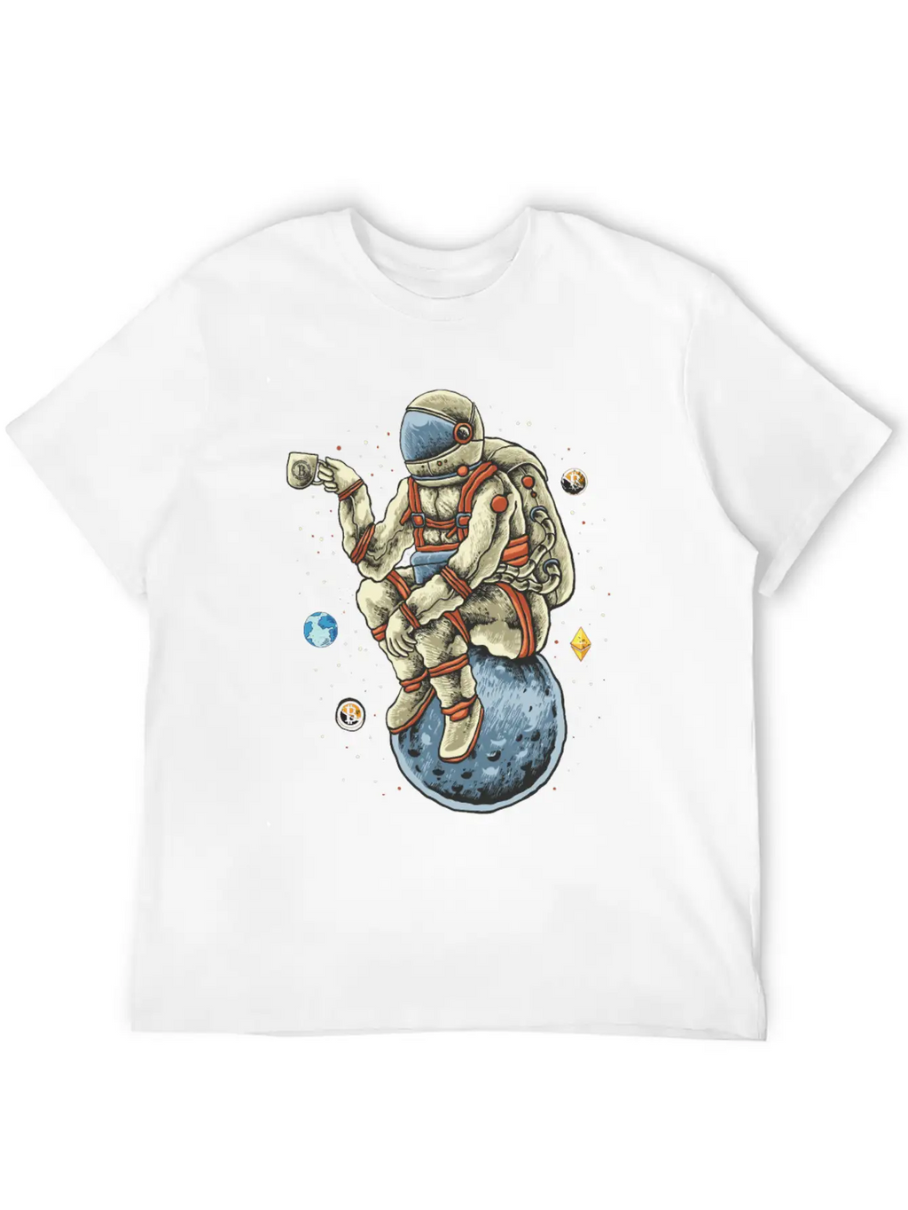 Space Man Chilling Coffee Moon Bitcoin Ethereum Unisex Casual T-Shirt – Clean Design For Daily Comfort