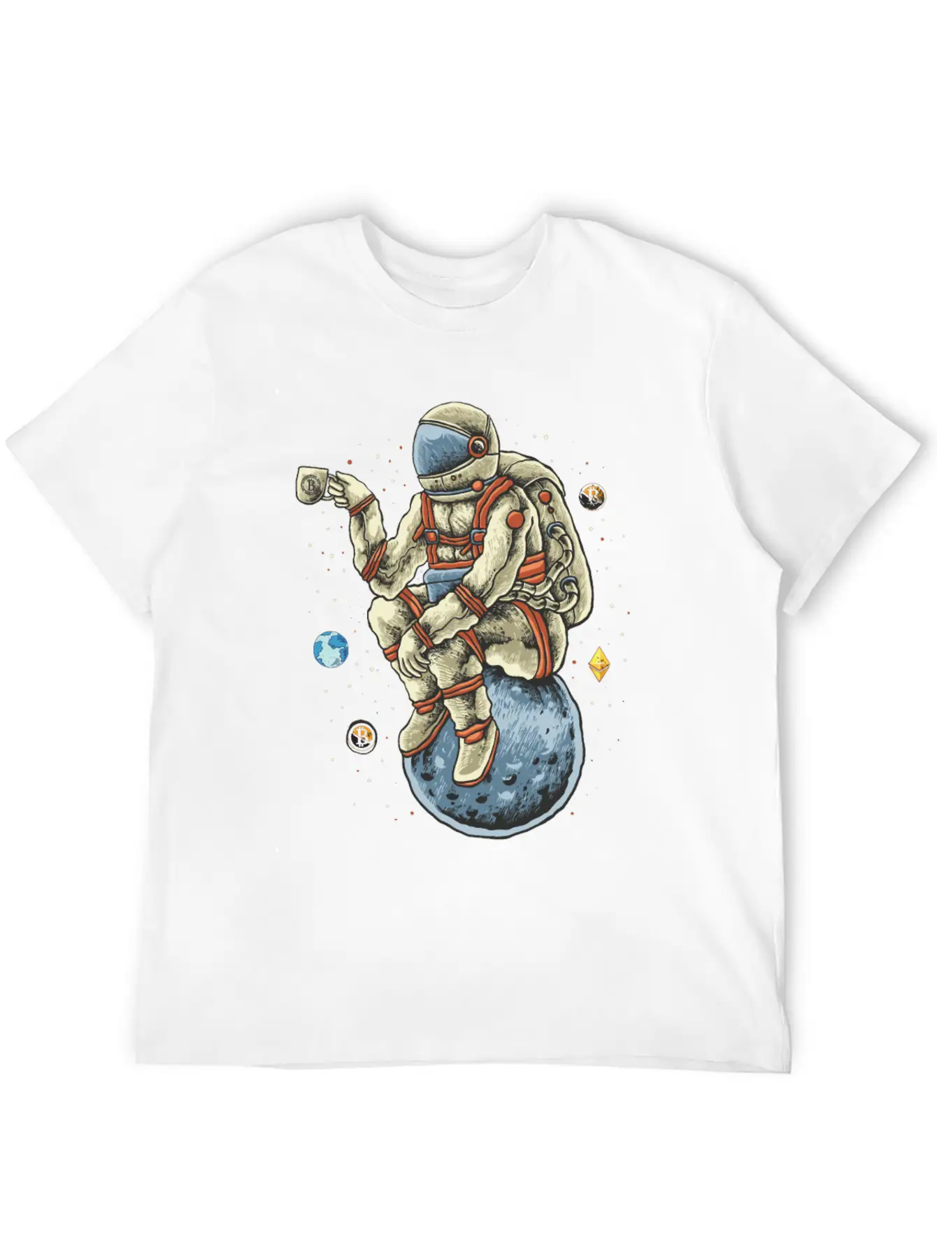 Space Man Chilling Coffee Moon Bitcoin Ethereum Unisex Casual T-Shirt – Clean Design For Daily Comfort