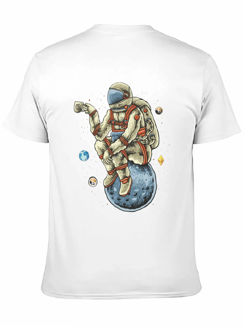 Space Man Chilling Coffee Moon Bitcoin Ethereum Unisex Casual T-Shirt – Clean Design For Daily Comfort