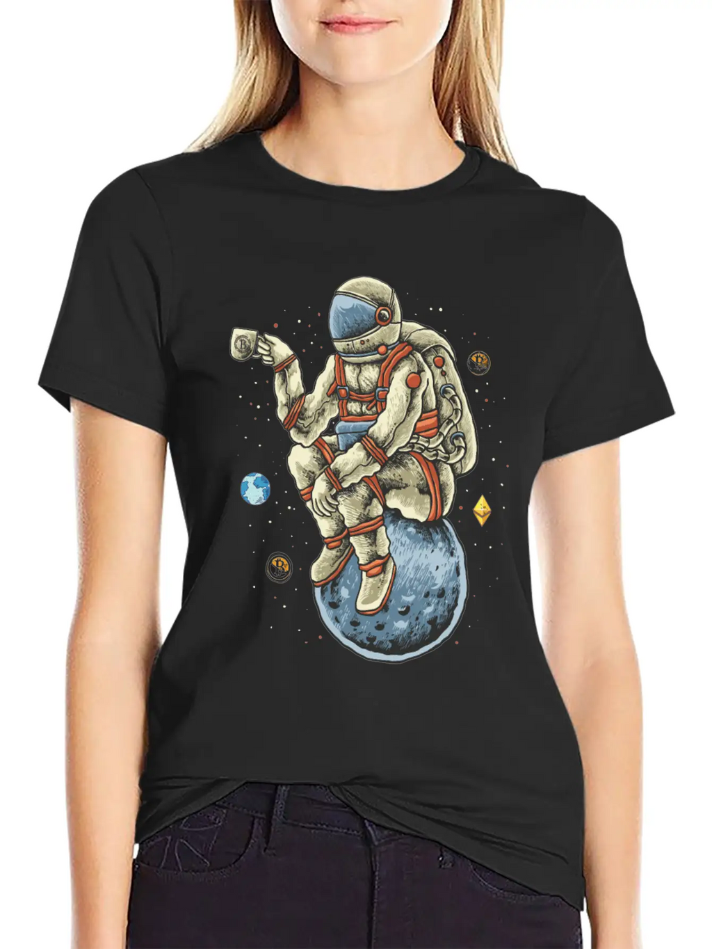 Space Man Chilling Coffee Moon Bitcoin Ethereum Unisex Casual T-Shirt – Clean Design For Daily Comfort