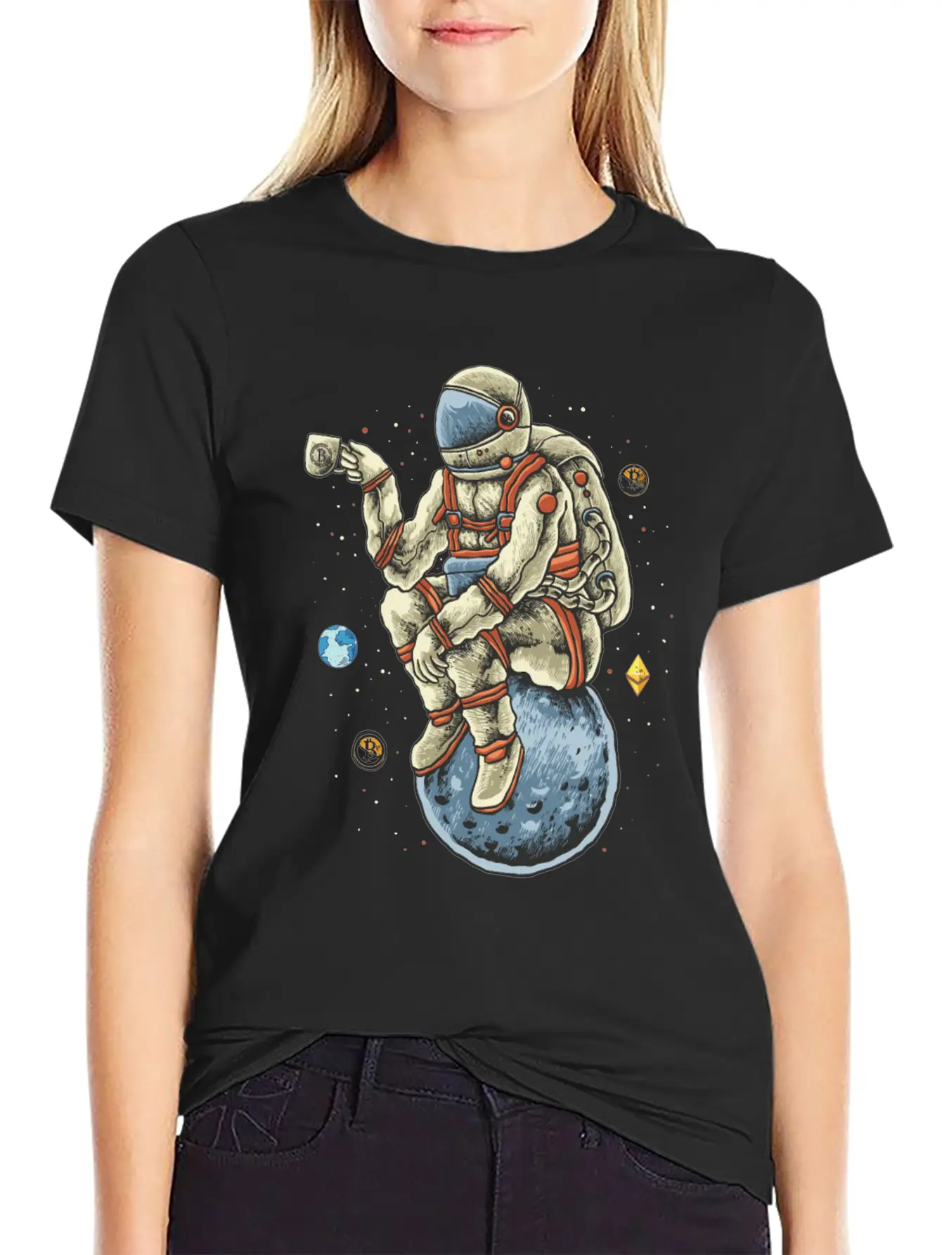 Space Man Chilling Coffee Moon Bitcoin Ethereum Unisex Casual T-Shirt – Clean Design For Daily Comfort