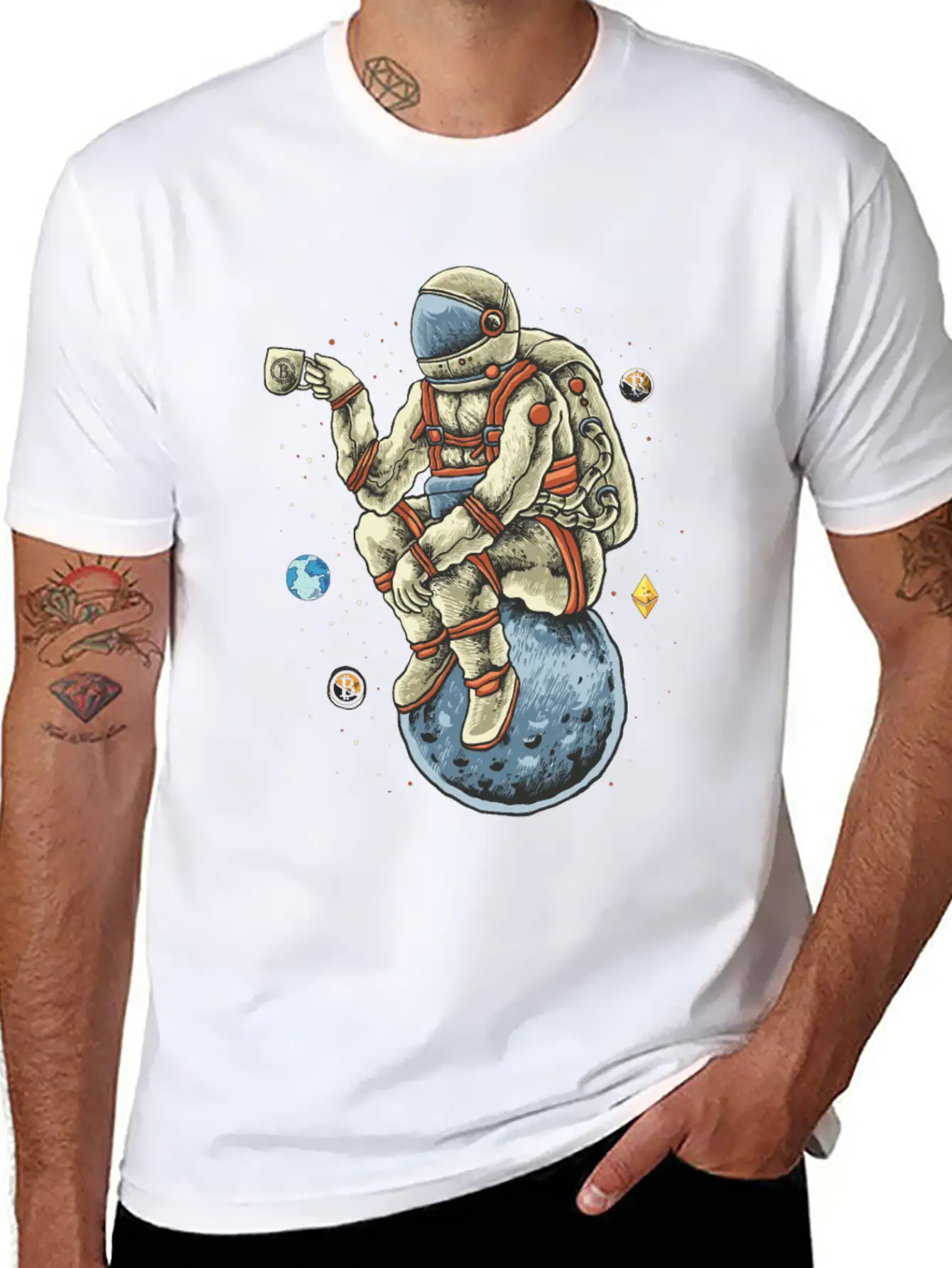 Space Man Chilling Coffee Moon Bitcoin Ethereum Unisex Casual T-Shirt – Clean Design For Daily Comfort