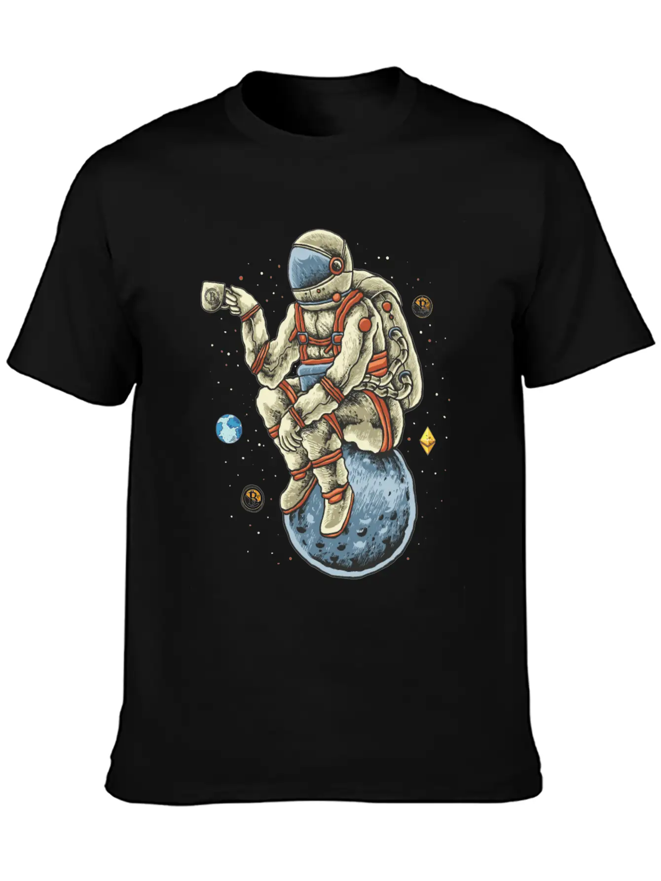 Space Man Chilling Coffee Moon Bitcoin Ethereum Unisex Casual T-Shirt – Clean Design For Daily Comfort