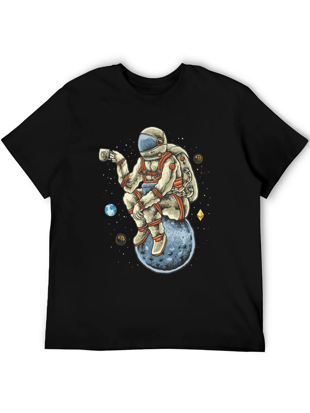 Space Man Chilling Coffee Moon Bitcoin Ethereum Unisex Casual T-Shirt – Clean Design For Daily Comfort