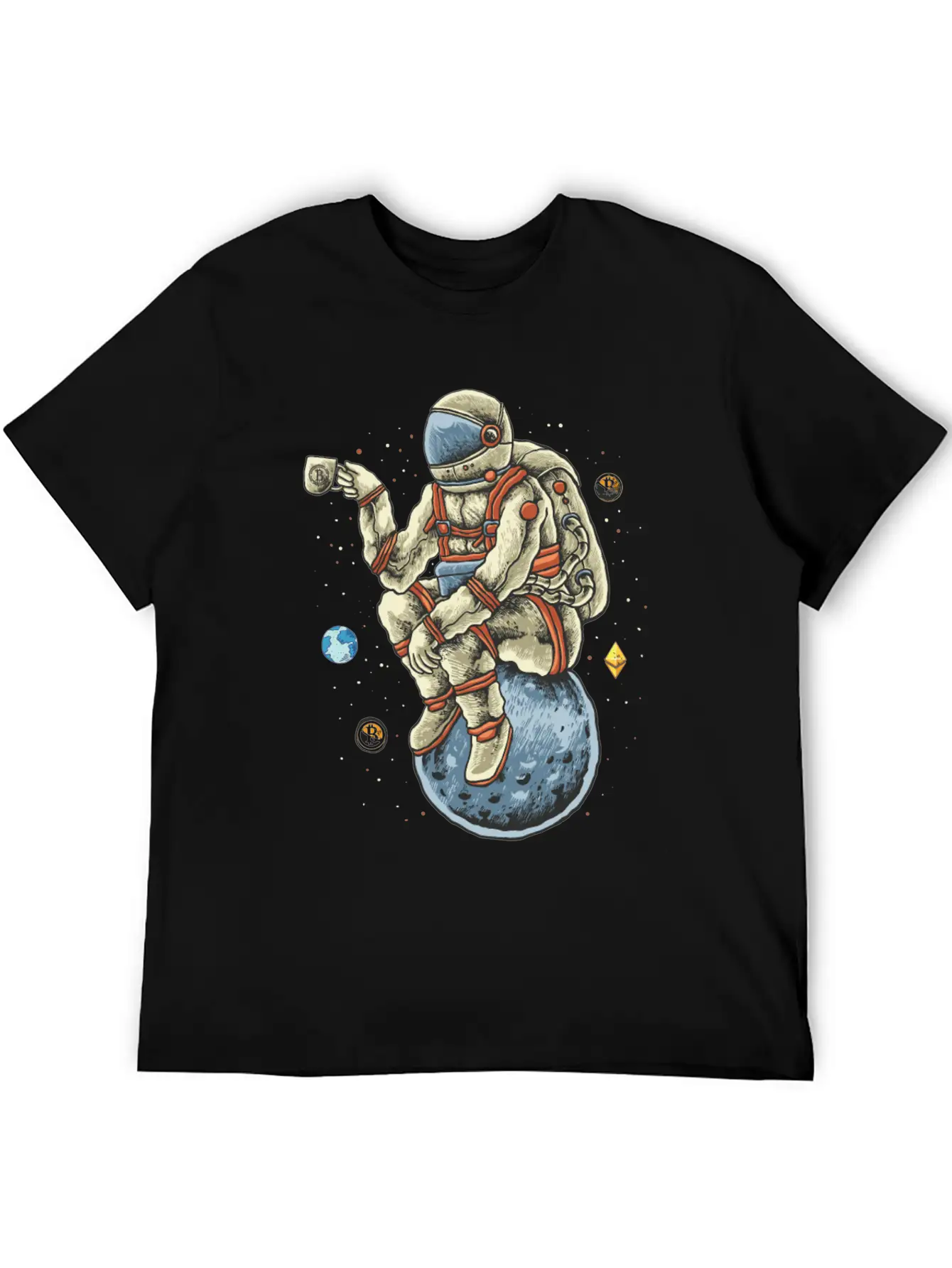 Space Man Chilling Coffee Moon Bitcoin Ethereum Unisex Casual T-Shirt – Clean Design For Daily Comfort