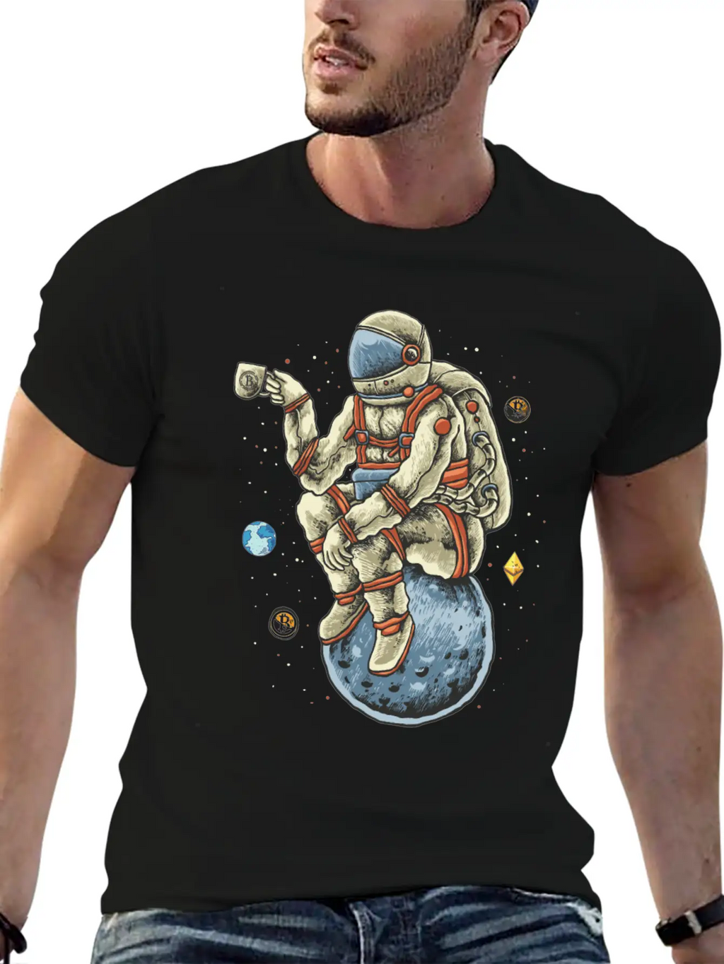 Space Man Chilling Coffee Moon Bitcoin Ethereum Unisex Casual T-Shirt – Clean Design For Daily Comfort