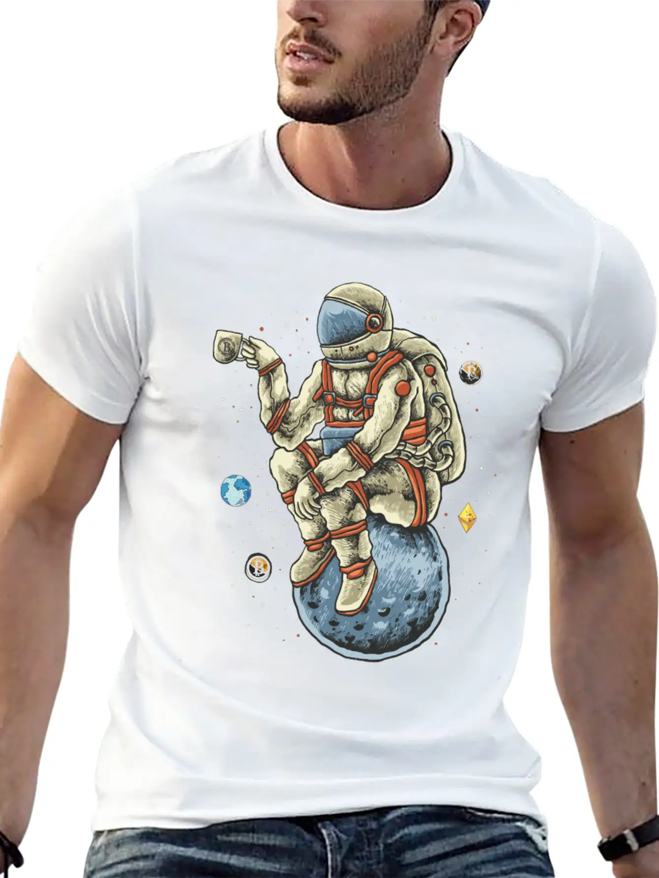 Space Man Chilling Coffee Moon Bitcoin Ethereum Unisex Casual T-Shirt – Clean Design For Daily Comfort