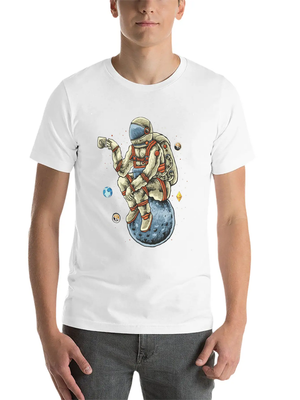 Space Man Chilling Coffee Moon Bitcoin Ethereum Unisex Casual T-Shirt – Clean Design For Daily Comfort