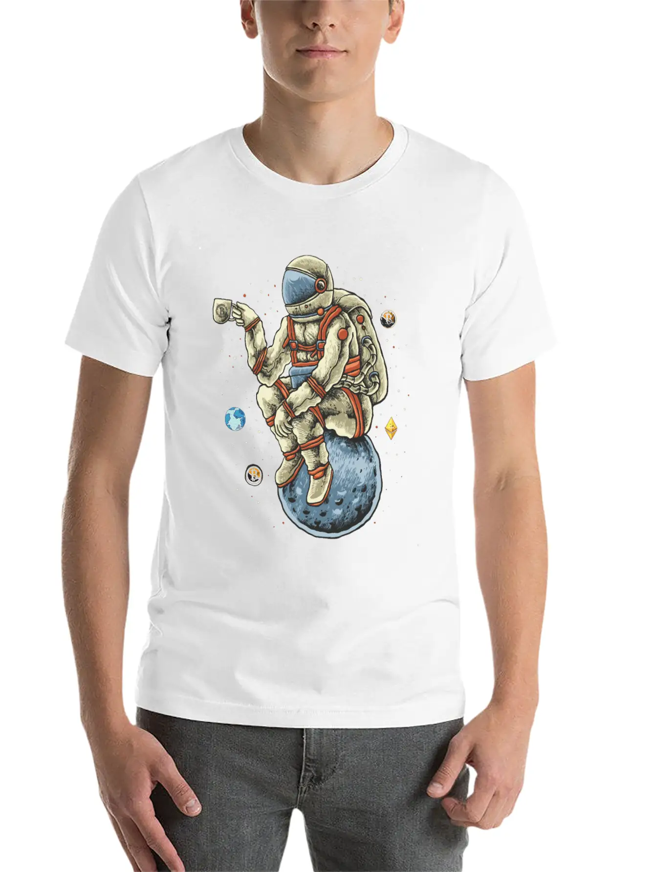 Space Man Chilling Coffee Moon Bitcoin Ethereum Unisex Casual T-Shirt – Clean Design For Daily Comfort