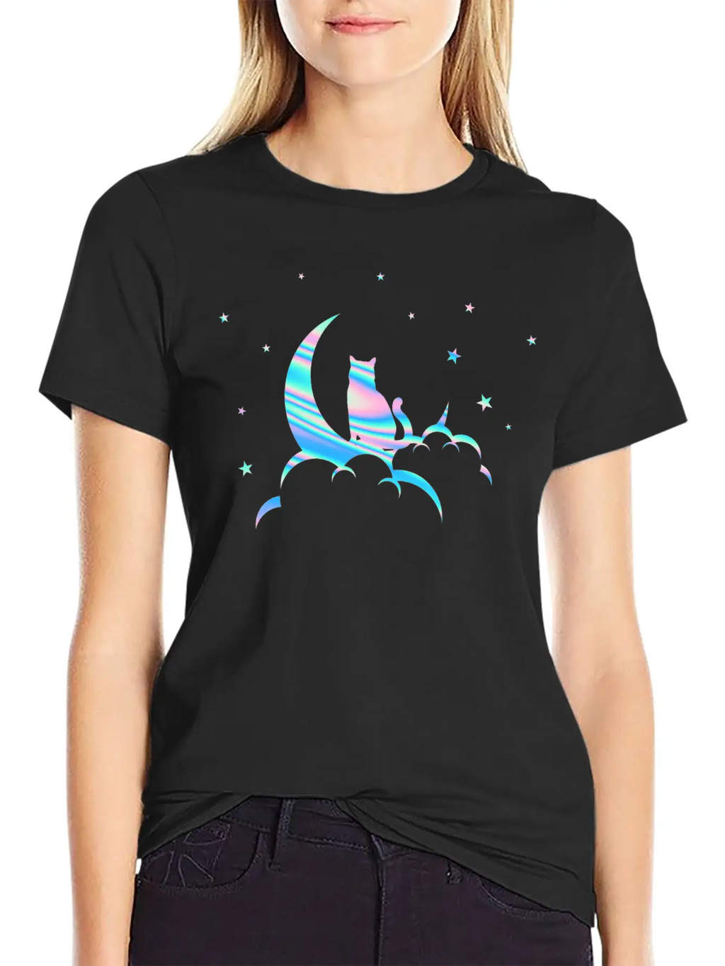 Space Pastel Cat Moon Essential Unisex Summer Tee – Soft Cotton Casual Fit