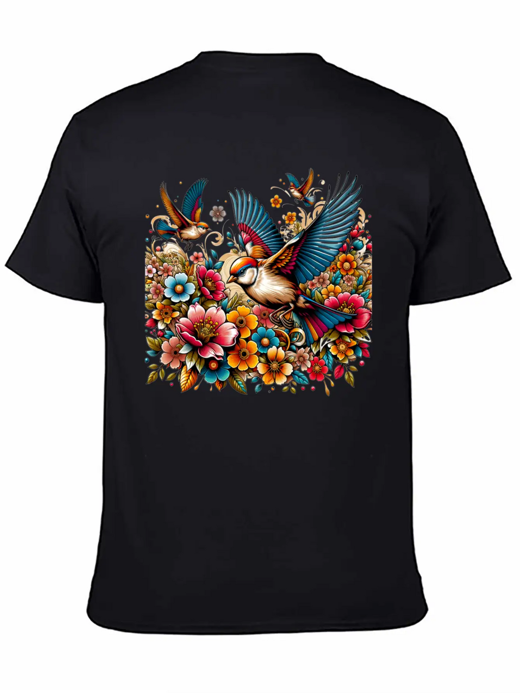 Springtime Birds Soaring Above A Blooming Garden Stylish Everyday T-Shirt – Unisex Basic Cotton Tee