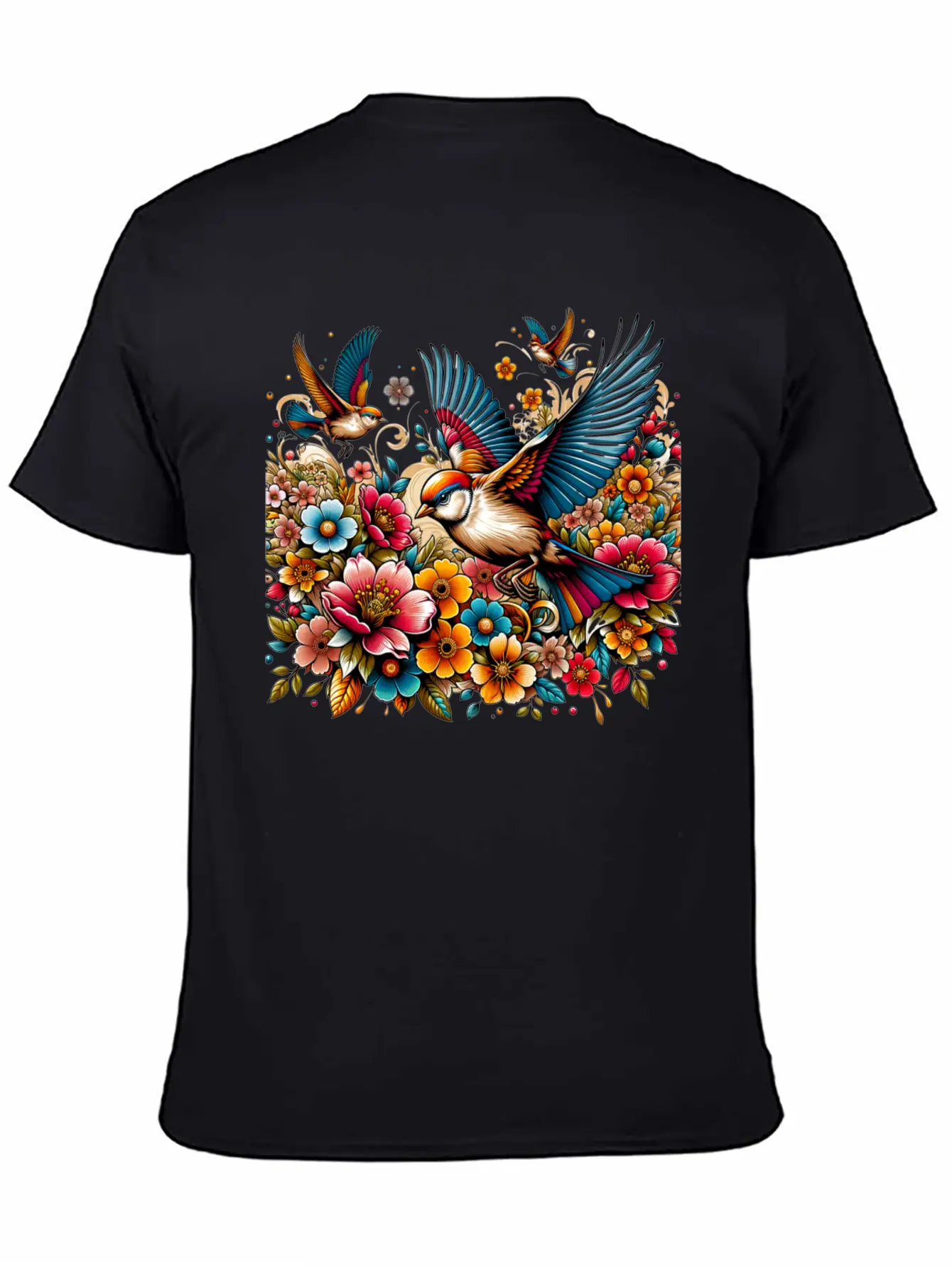 Springtime Birds Soaring Above A Blooming Garden Stylish Everyday T-Shirt – Unisex Basic Cotton Tee