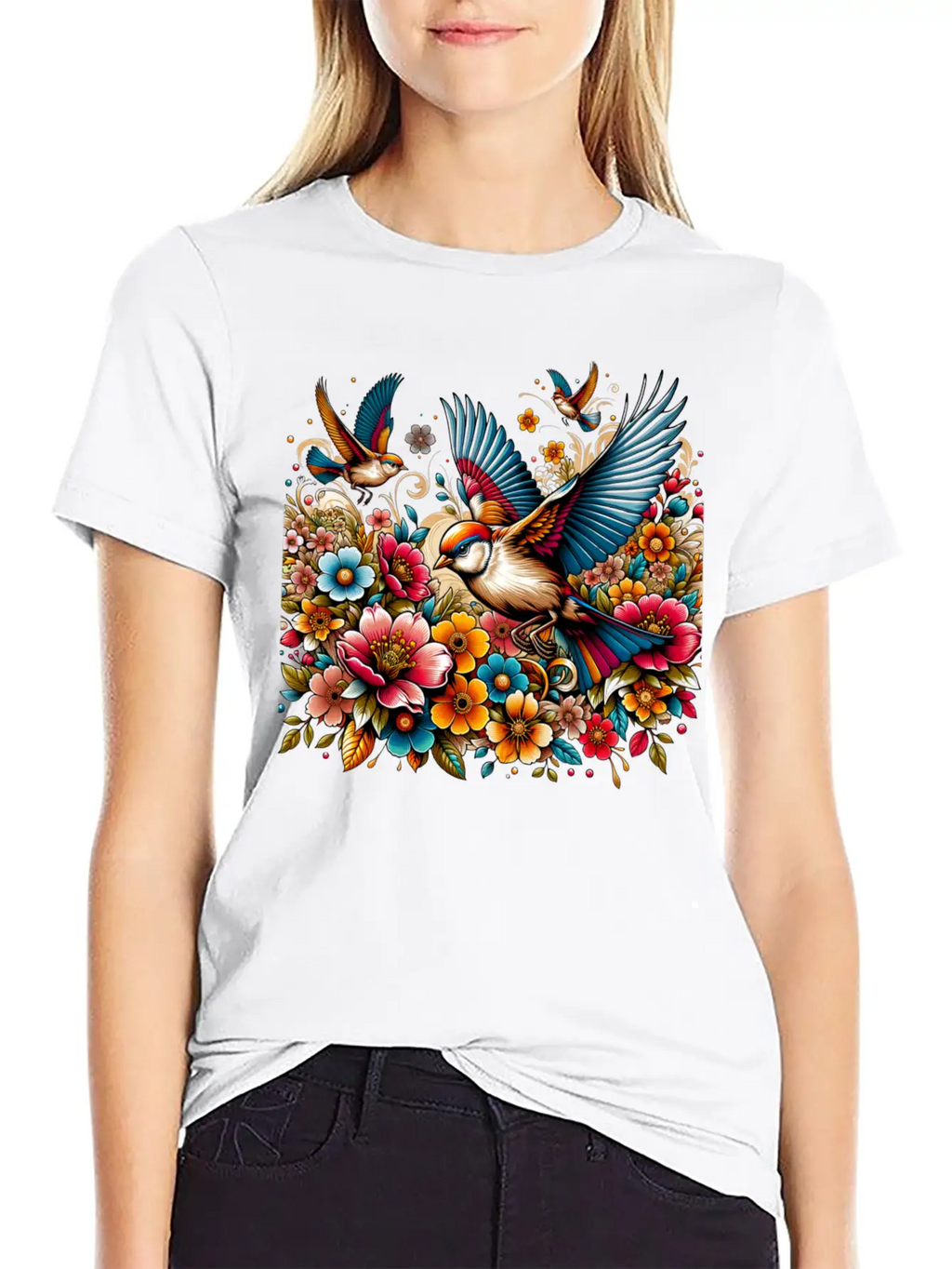 Springtime Birds Soaring Above A Blooming Garden Stylish Everyday T-Shirt – Unisex Basic Cotton Tee