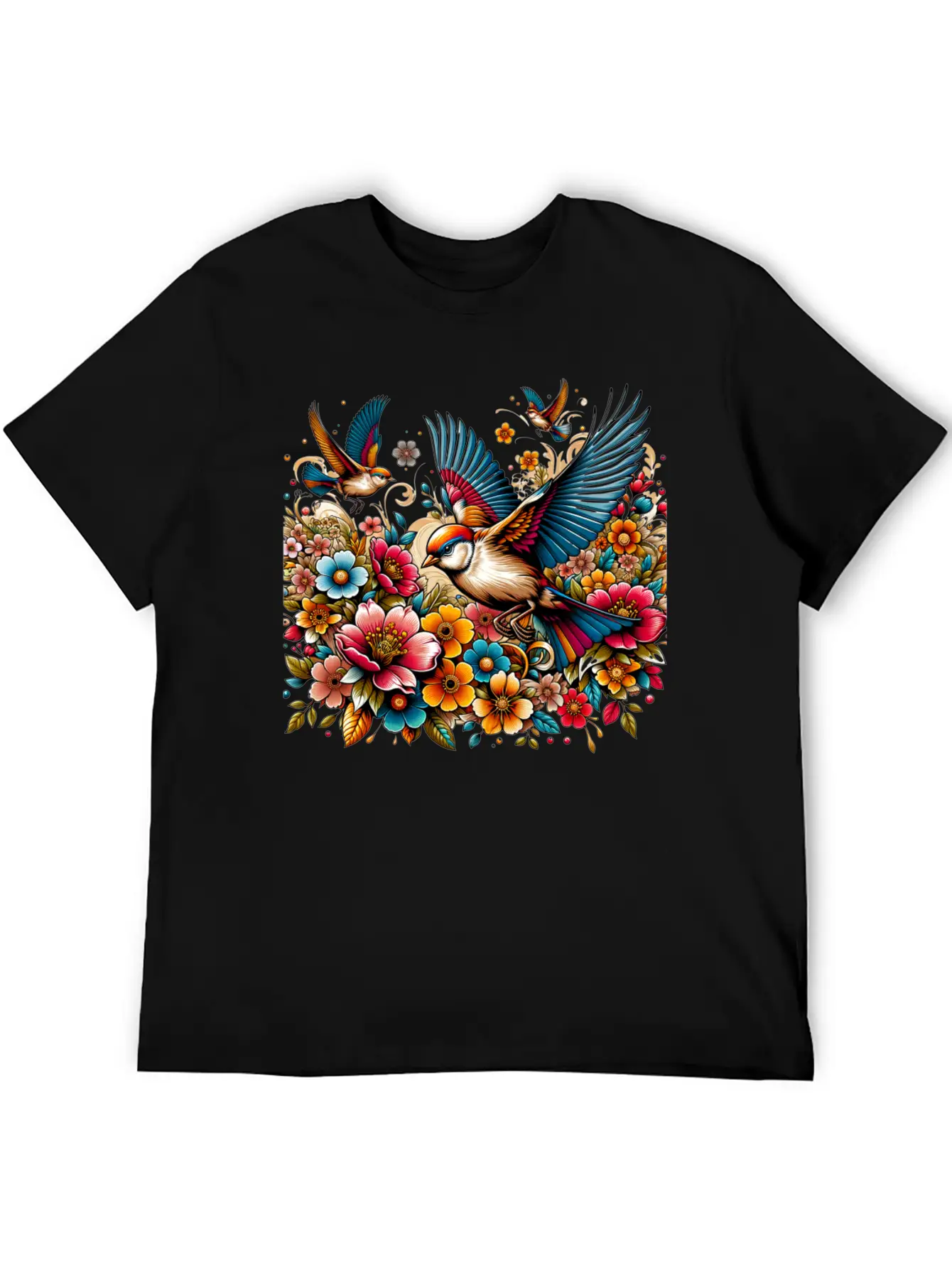 Springtime Birds Soaring Above A Blooming Garden Stylish Everyday T-Shirt – Unisex Basic Cotton Tee