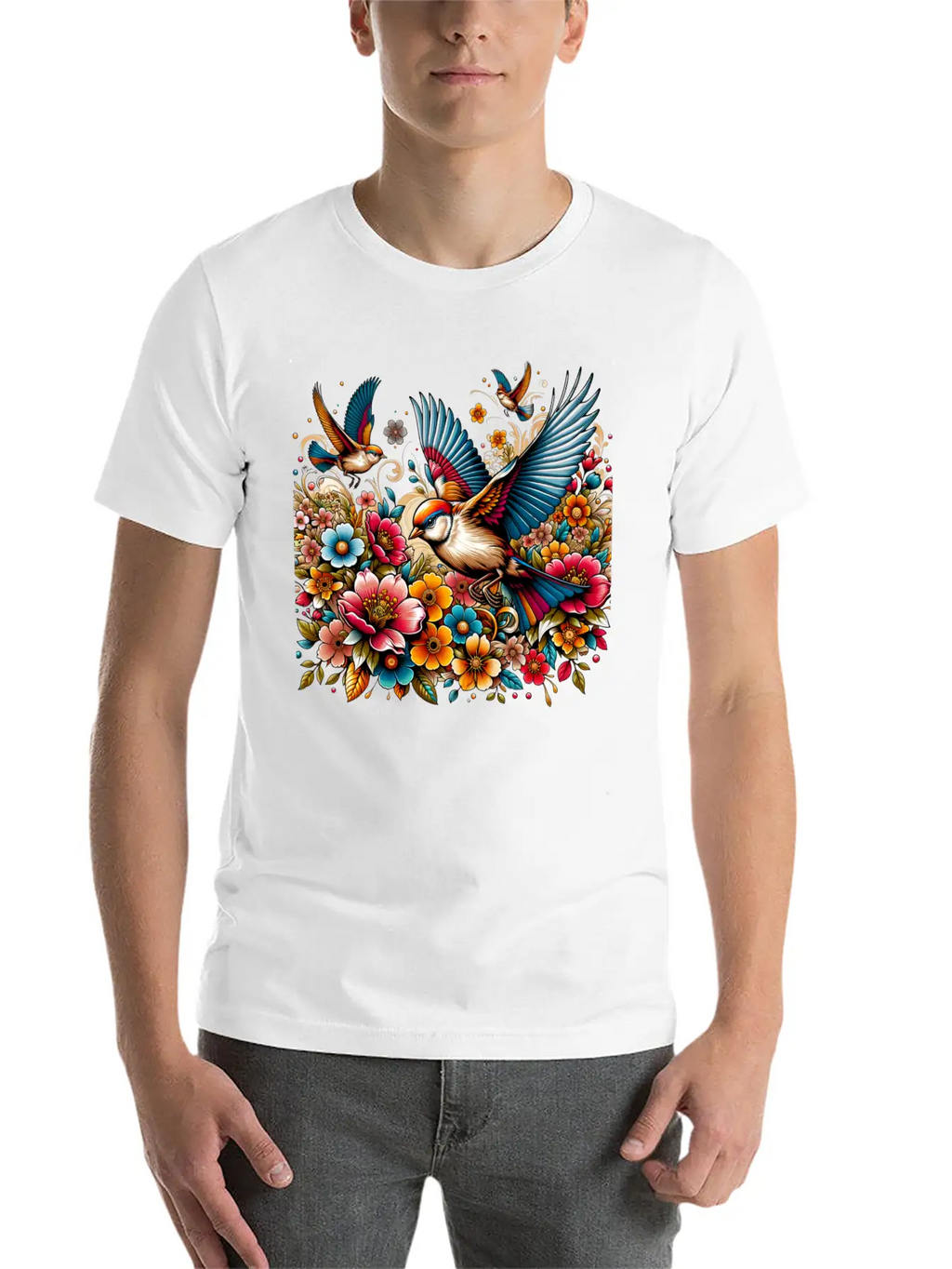 Springtime Birds Soaring Above A Blooming Garden Stylish Everyday T-Shirt – Unisex Basic Cotton Tee