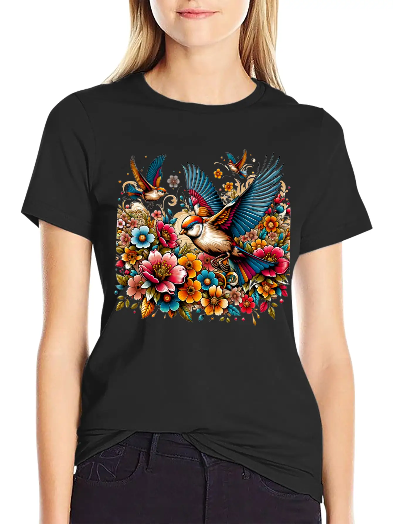 Springtime Birds Soaring Above A Blooming Garden Stylish Everyday T-Shirt – Unisex Basic Cotton Tee