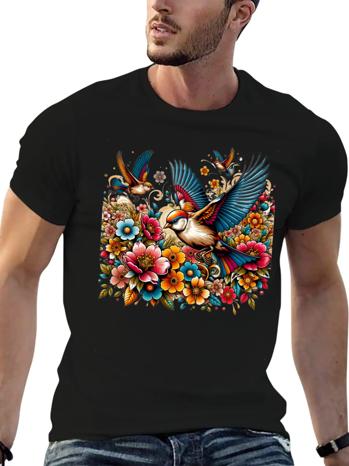 Springtime Birds Soaring Above A Blooming Garden Stylish Everyday T-Shirt – Unisex Basic Cotton Tee