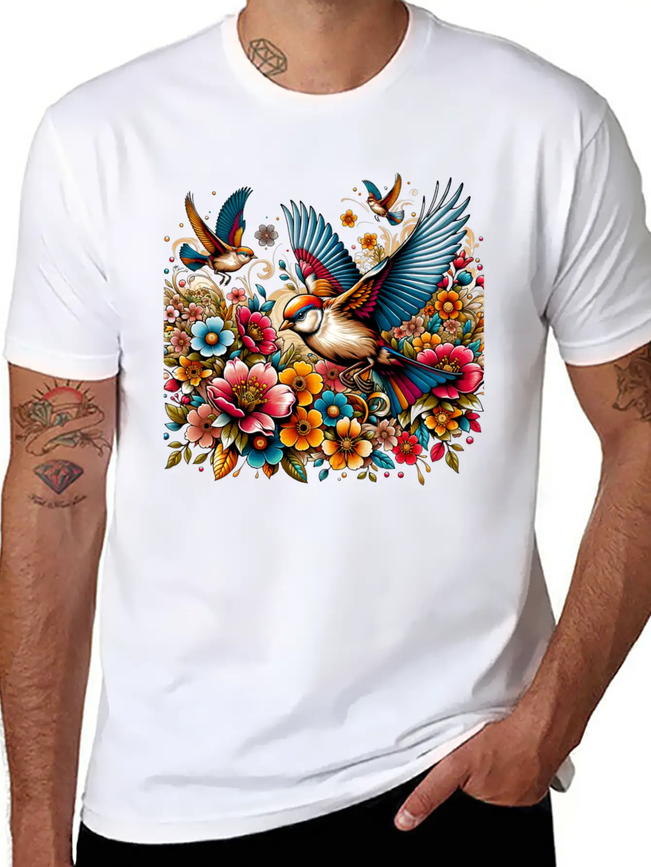 Springtime Birds Soaring Above A Blooming Garden Stylish Everyday T-Shirt – Unisex Basic Cotton Tee