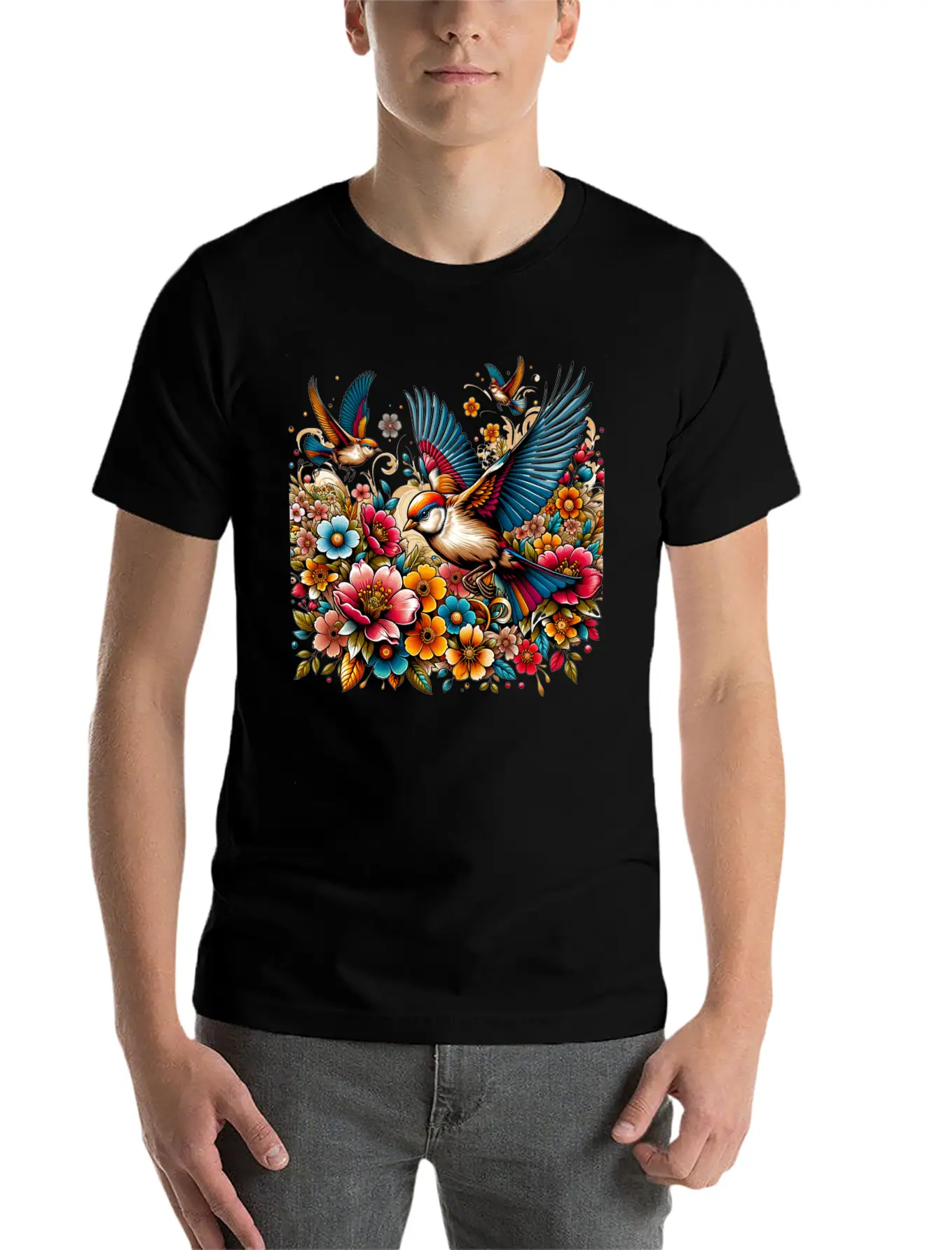 Springtime Birds Soaring Above A Blooming Garden Stylish Everyday T-Shirt – Unisex Basic Cotton Tee