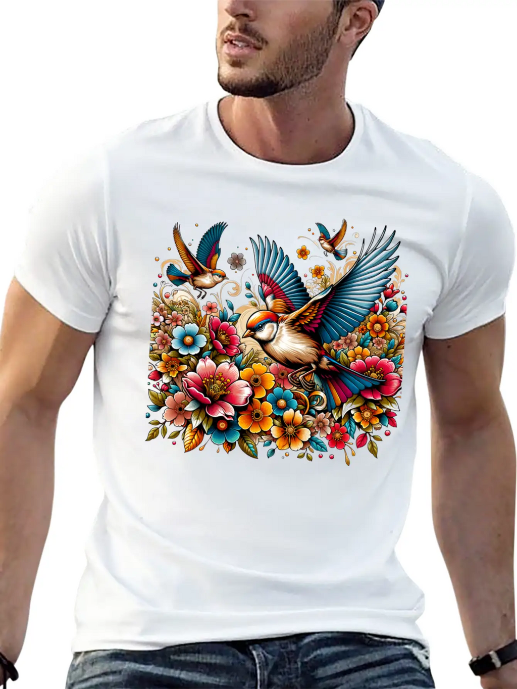 Springtime Birds Soaring Above A Blooming Garden Stylish Everyday T-Shirt – Unisex Basic Cotton Tee