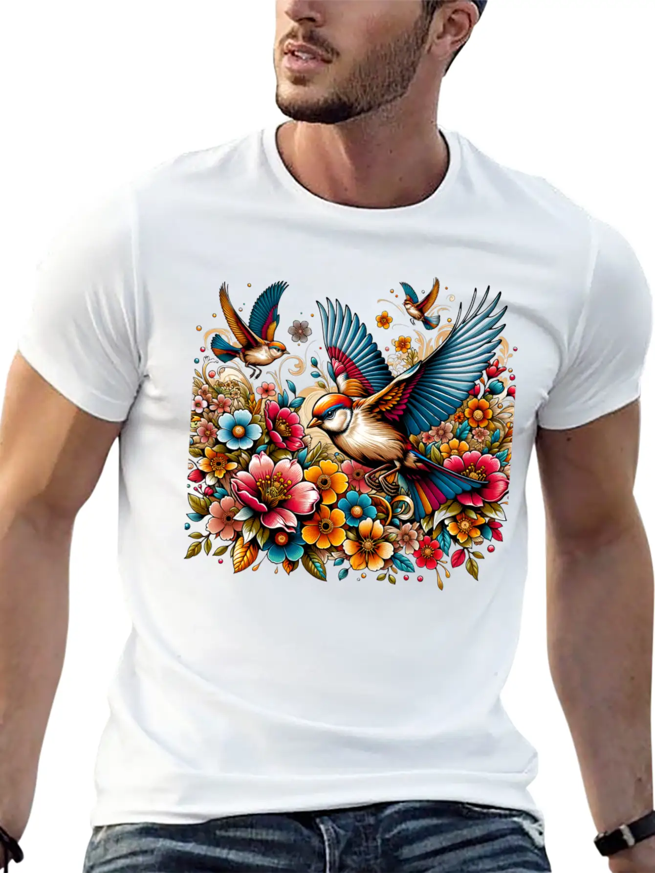 Springtime Birds Soaring Above A Blooming Garden Stylish Everyday T-Shirt – Unisex Basic Cotton Tee
