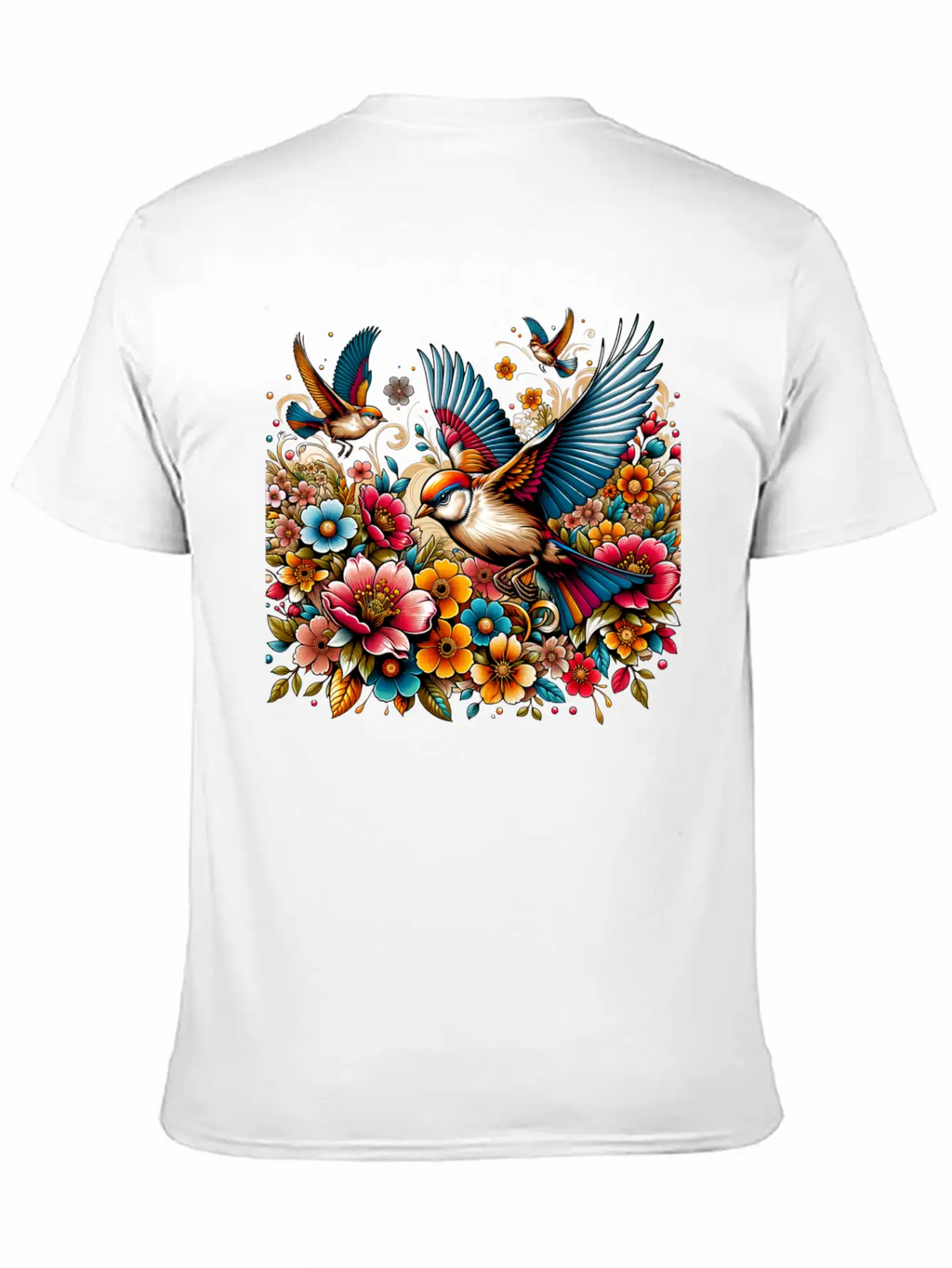Springtime Birds Soaring Above A Blooming Garden Stylish Everyday T-Shirt – Unisex Basic Cotton Tee