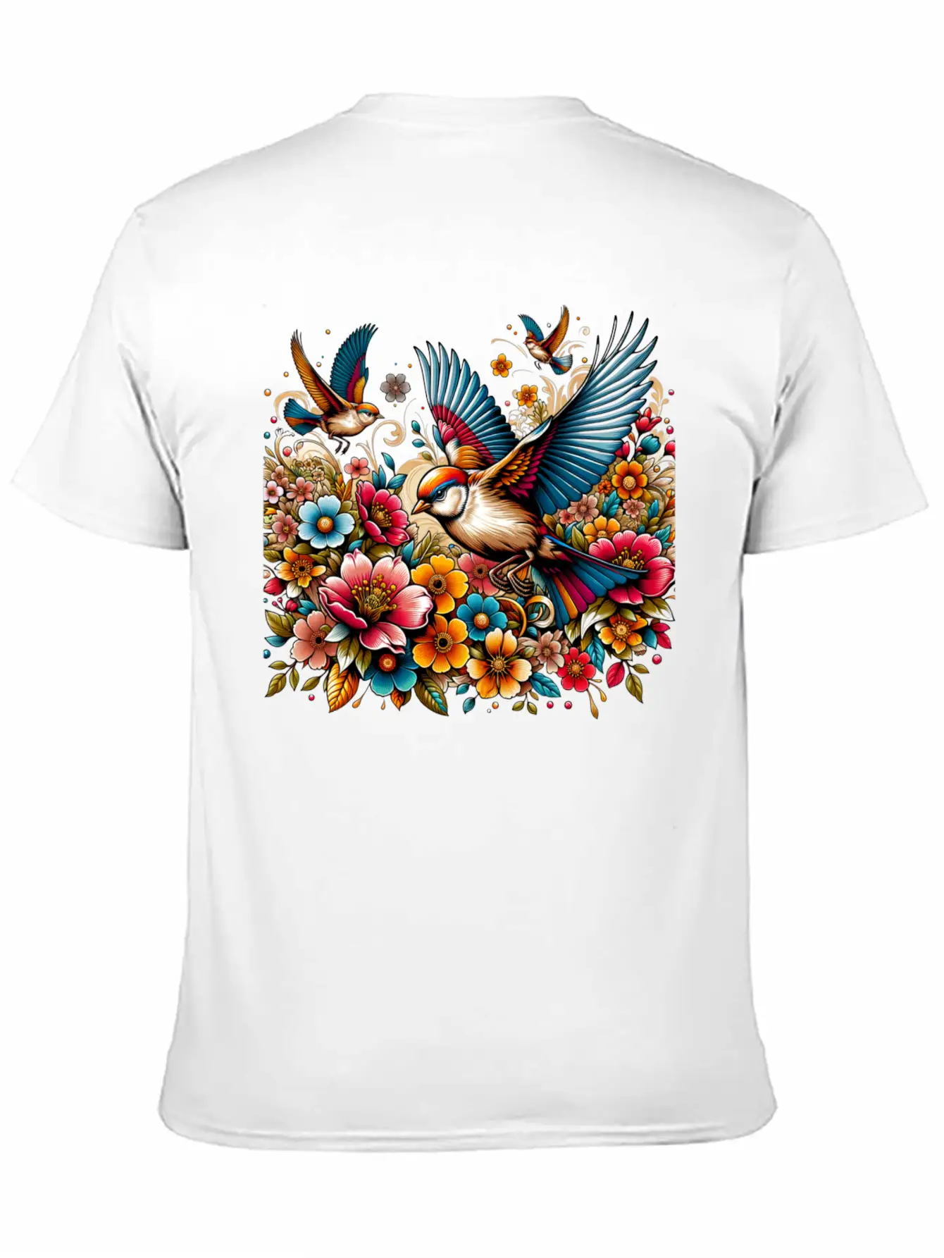 Springtime Birds Soaring Above A Blooming Garden Stylish Everyday T-Shirt – Unisex Basic Cotton Tee