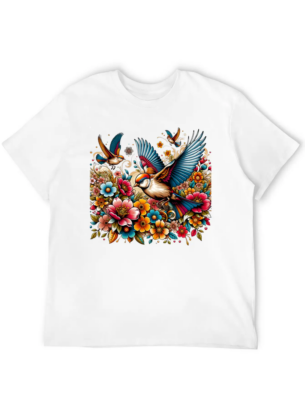 Springtime Birds Soaring Above A Blooming Garden Stylish Everyday T-Shirt – Unisex Basic Cotton Tee