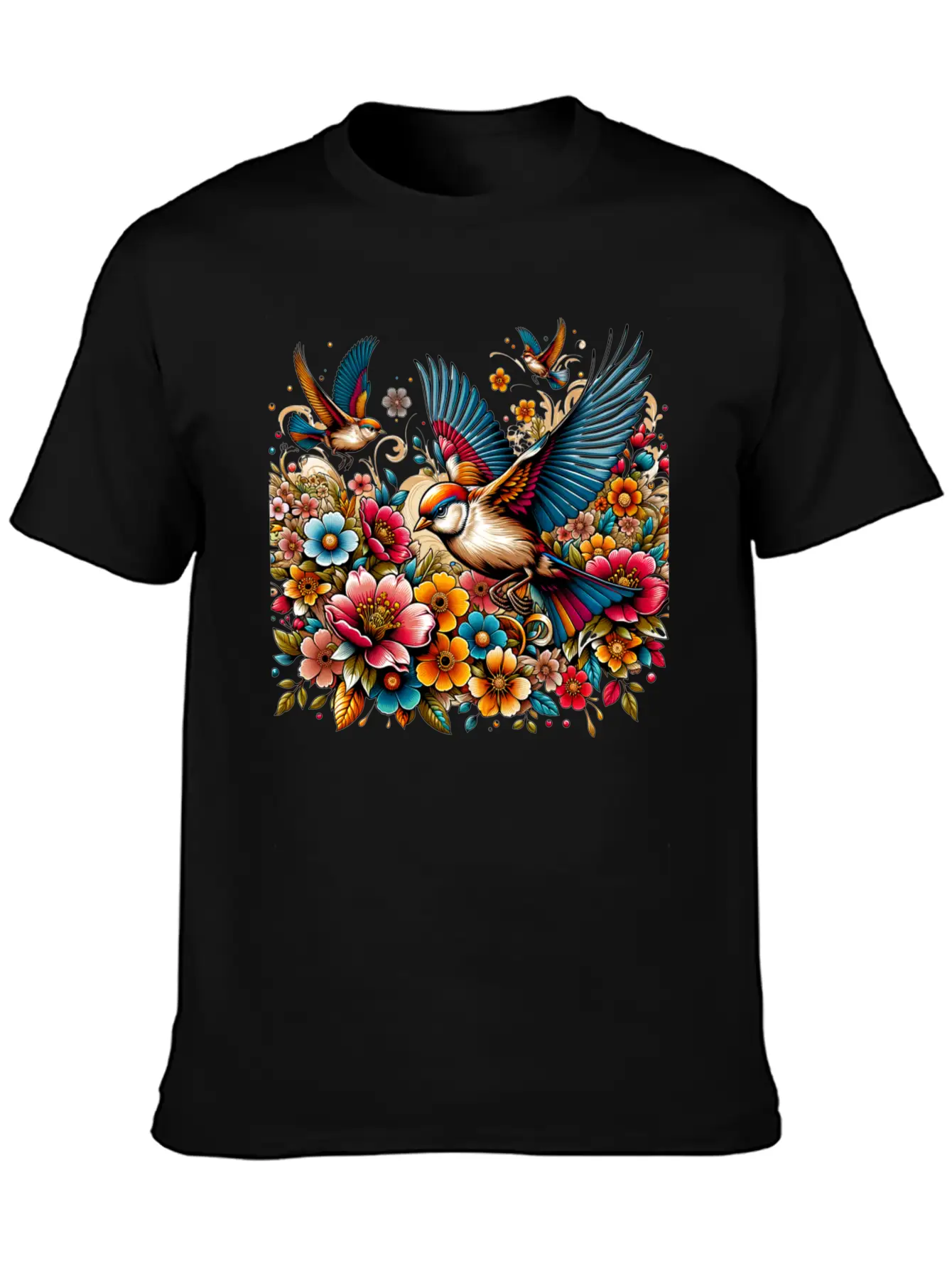 Springtime Birds Soaring Above A Blooming Garden Stylish Everyday T-Shirt – Unisex Basic Cotton Tee