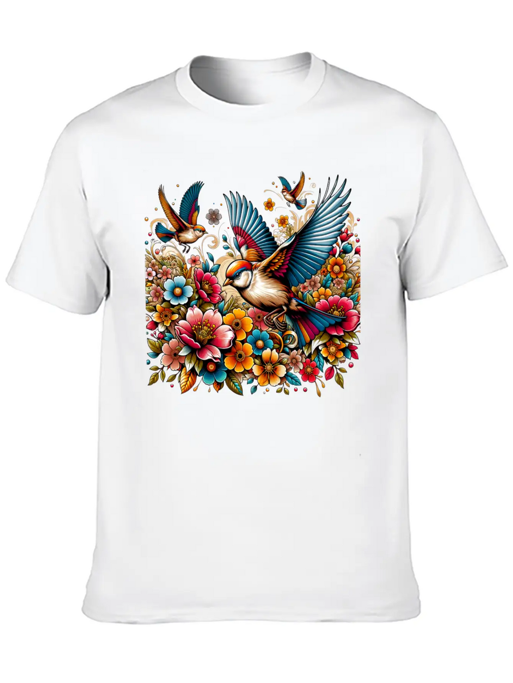 Springtime Birds Soaring Above A Blooming Garden Stylish Everyday T-Shirt – Unisex Basic Cotton Tee