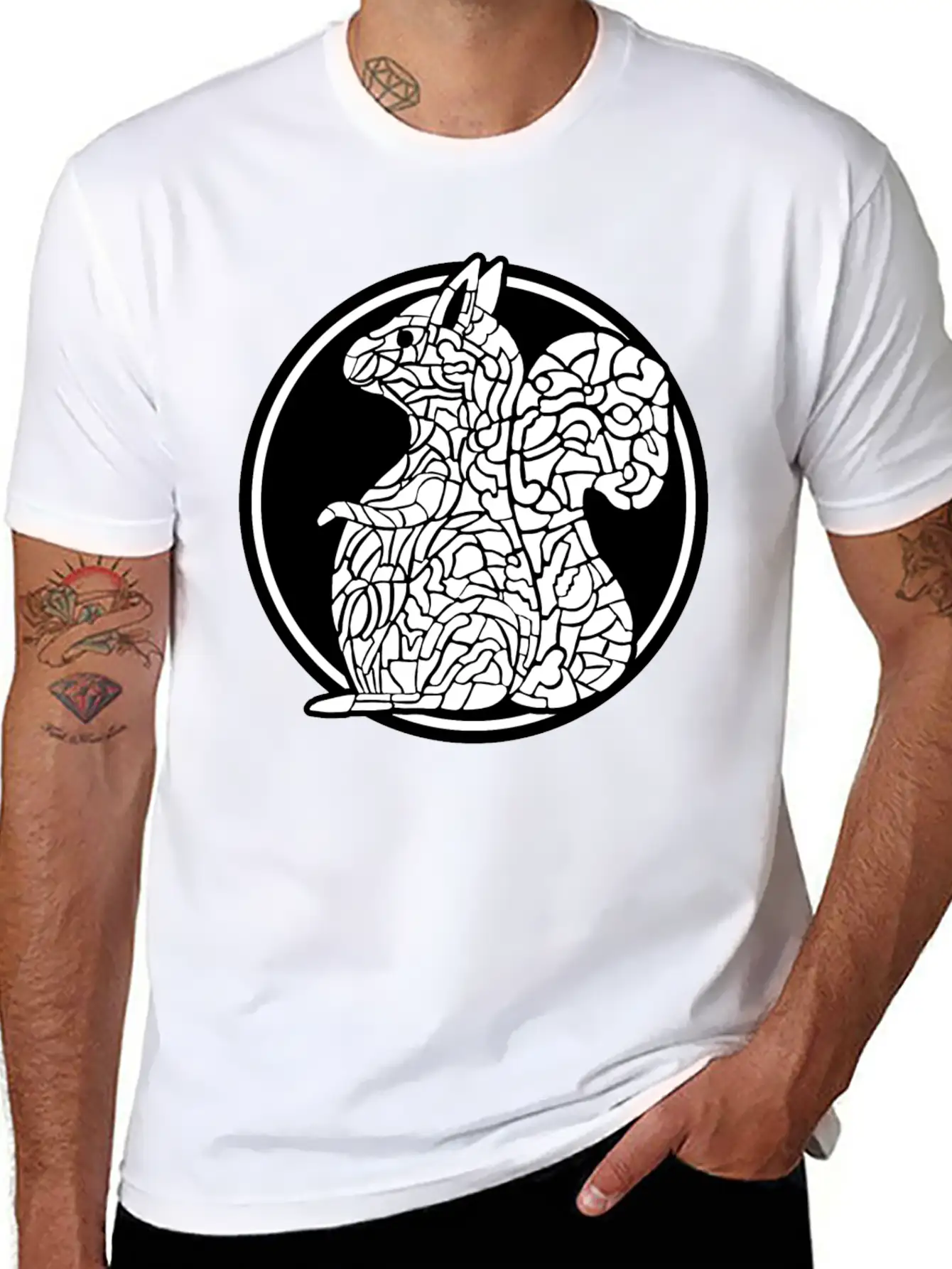 Squirrel Mosaic In Circle Retro Stylish Everyday T-Shirt – Unisex Basic Cotton Tee