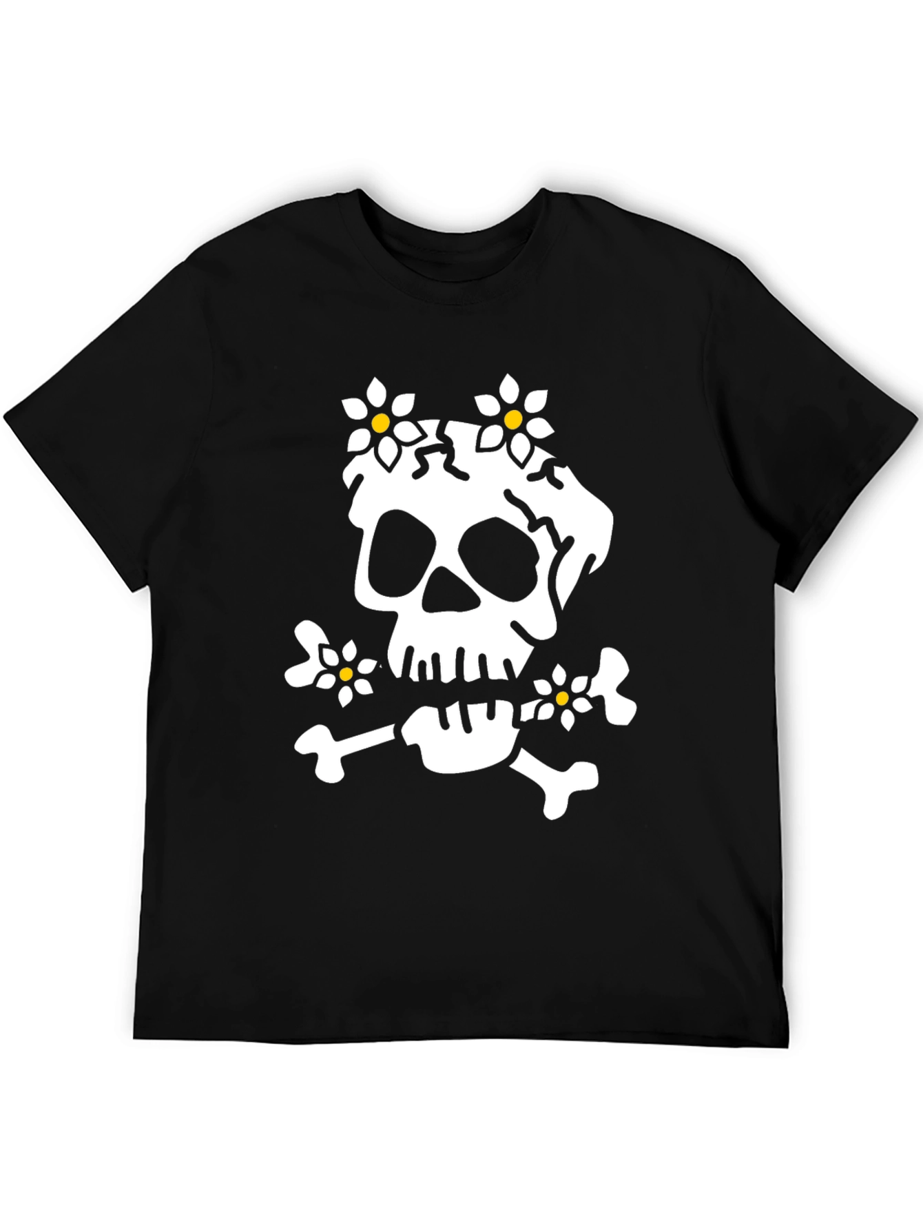 Skull & Flowers Graphic Tee - Black Cotton T-Shirt