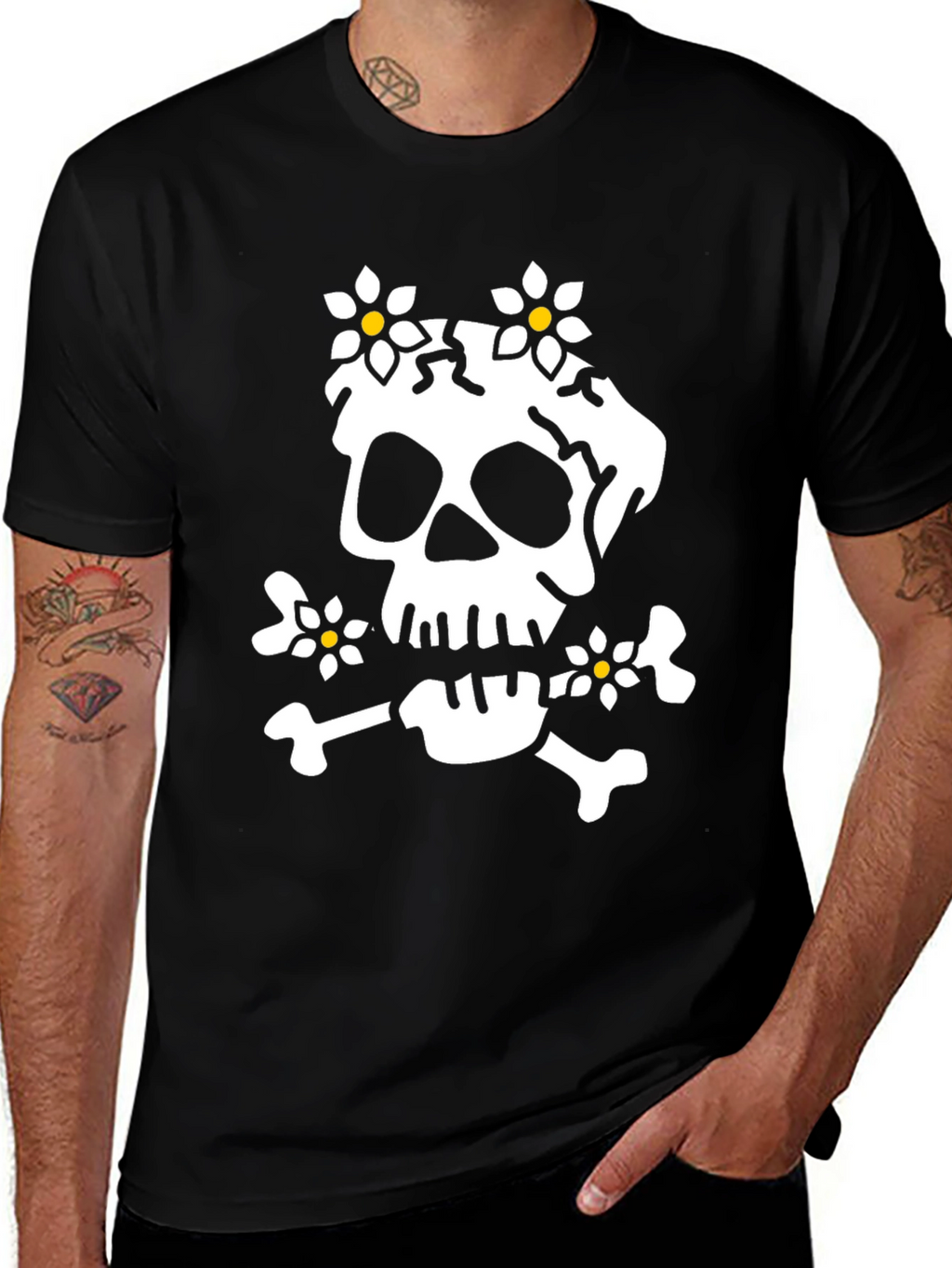 Skull & Flowers Graphic Tee - Black Cotton T-Shirt
