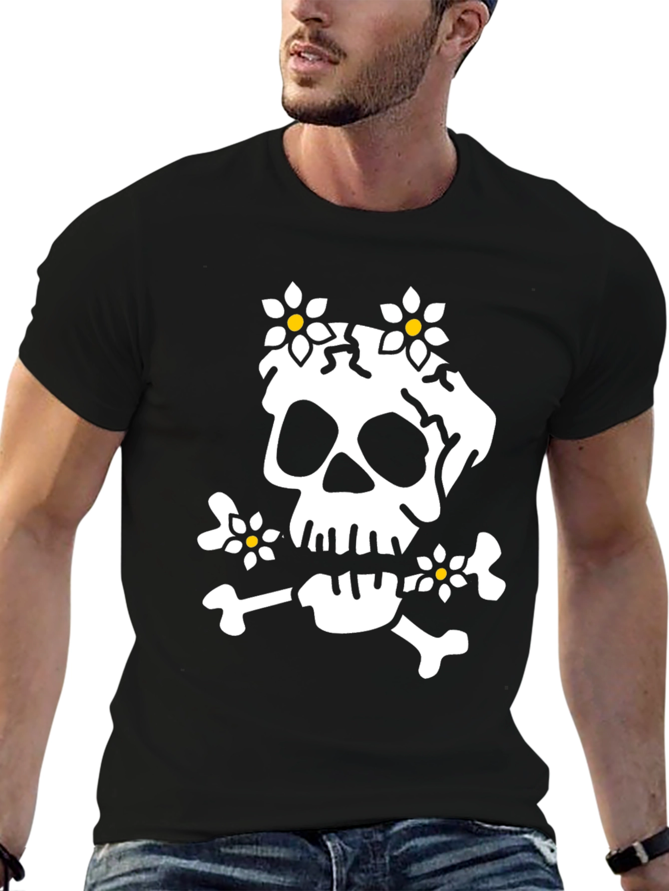 Skull & Flowers Graphic Tee - Black Cotton T-Shirt