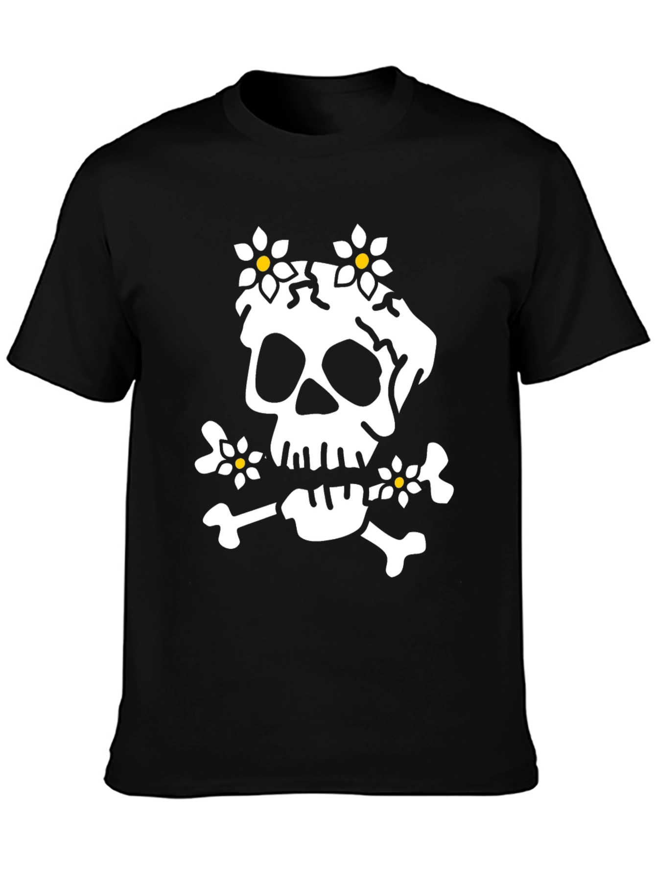 Skull & Flowers Graphic Tee - Black Cotton T-Shirt