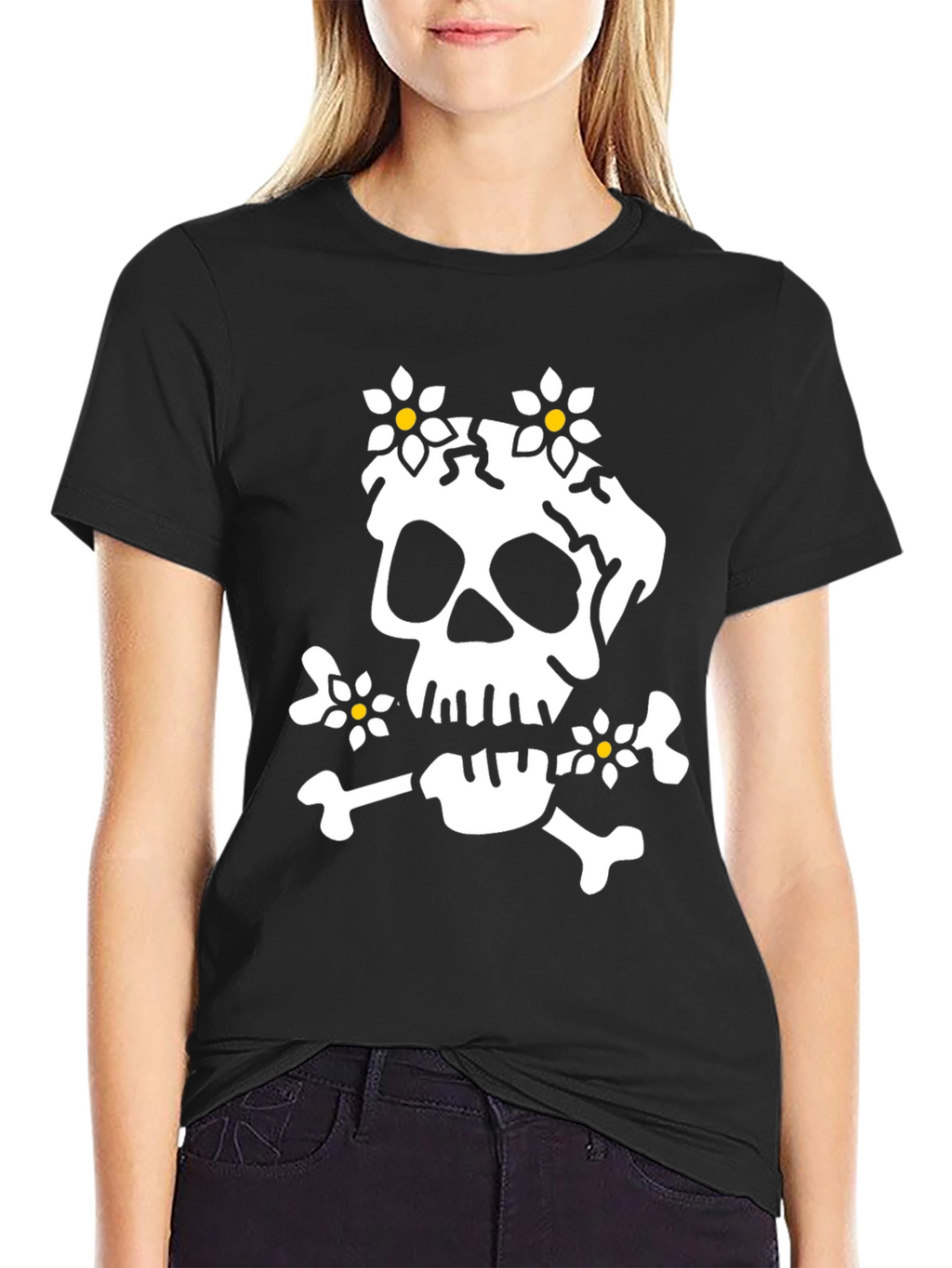 Skull & Flowers Graphic Tee - Black Cotton T-Shirt