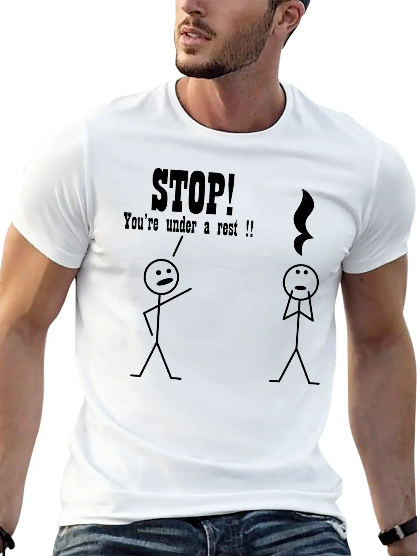 Stop! You're Under A Rest. Musical Humor Stylish Everyday T-Shirt – Unisex Basic Cotton Tee