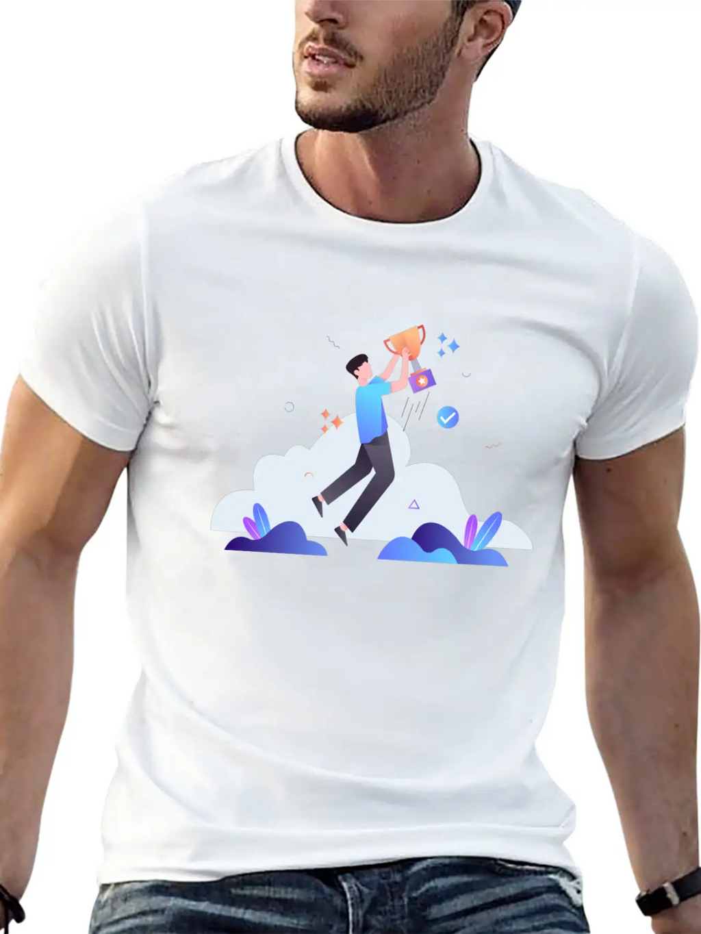 Successful Businessman With Trophy Illustration Breathable Soft Cotton T-Shirt – Timeless Casual Look