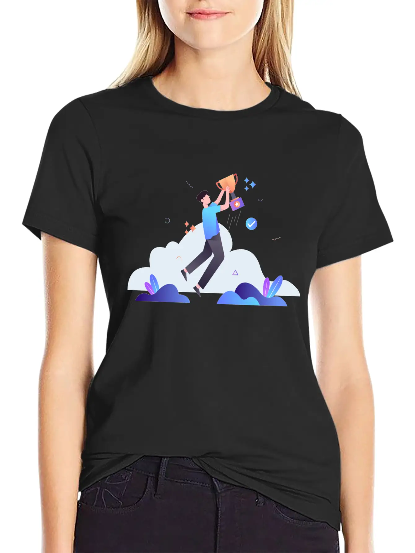 Successful Businessman With Trophy Illustration Breathable Soft Cotton T-Shirt – Timeless Casual Look