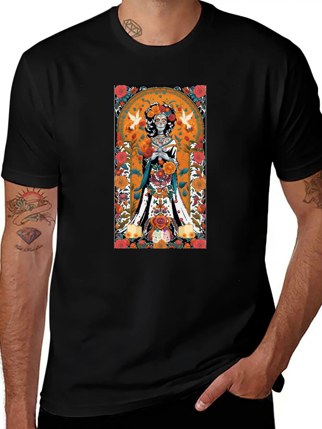 Sugar Skull Womans With Flowers, Doves, & Candles Classic Cotton Tee – Unisex Comfort For Any Season
