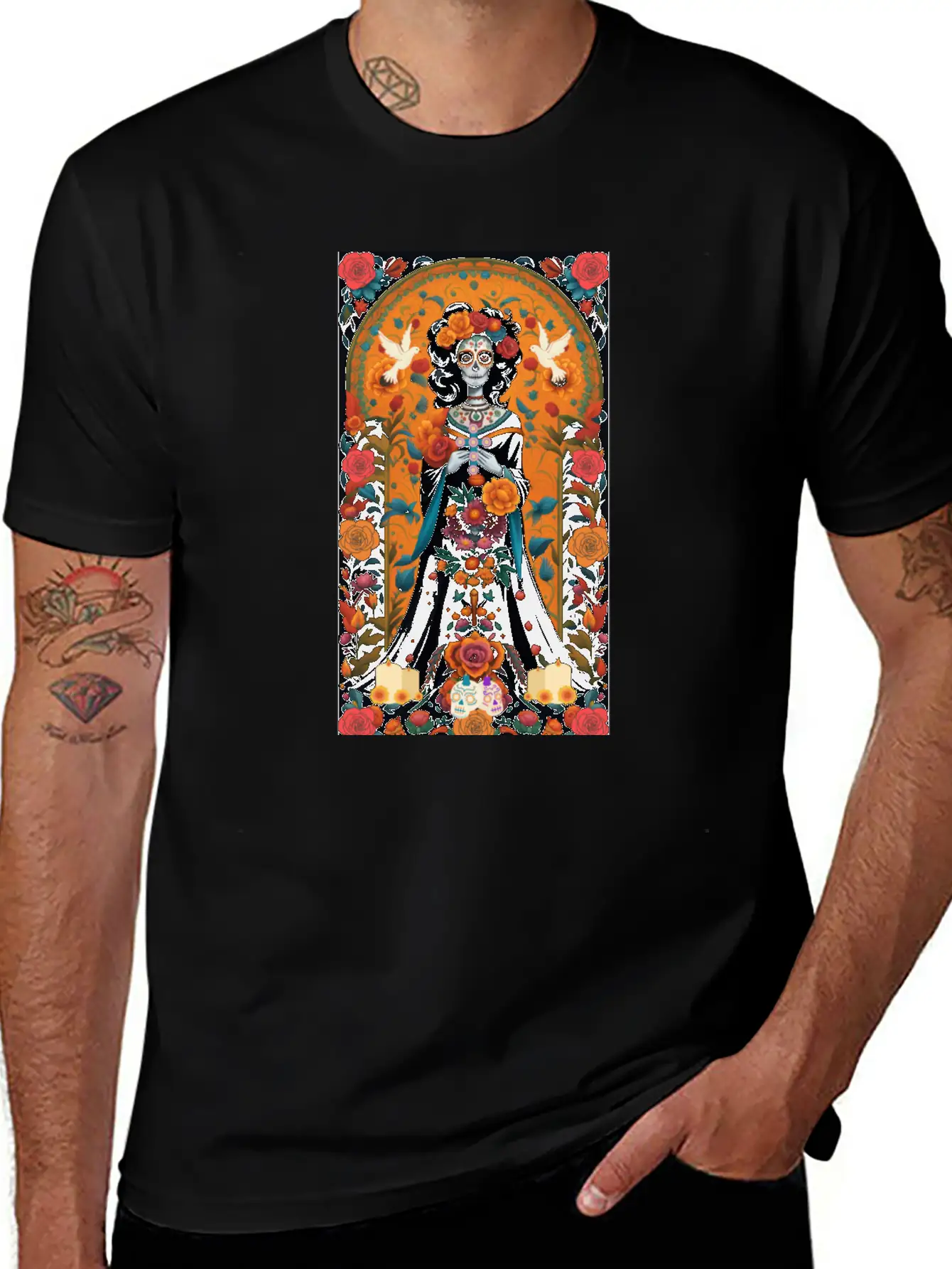 Sugar Skull Womans With Flowers, Doves, & Candles Classic Cotton Tee – Unisex Comfort For Any Season