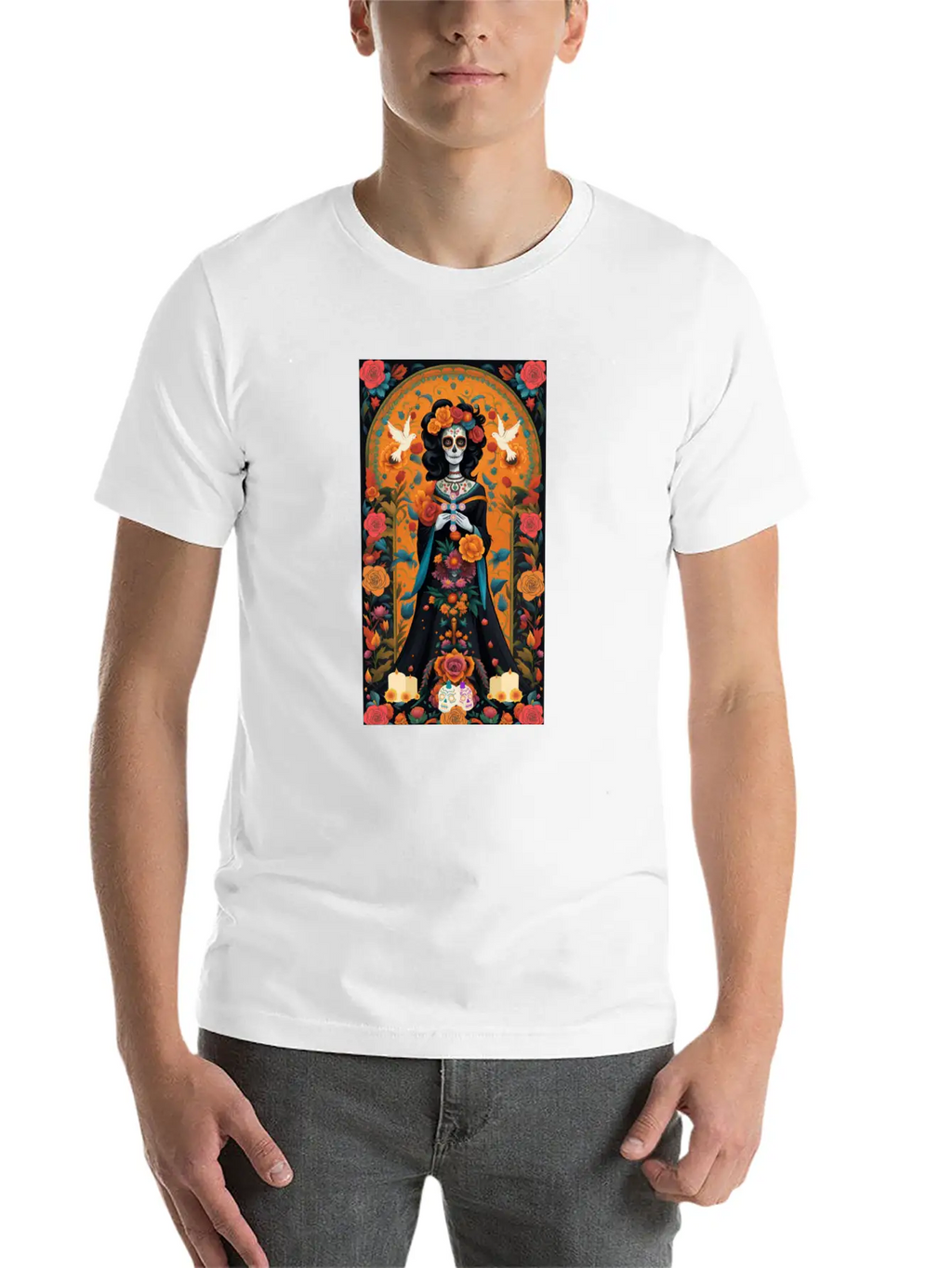 Sugar Skull Womans With Flowers, Doves, & Candles Classic Cotton Tee – Unisex Comfort For Any Season