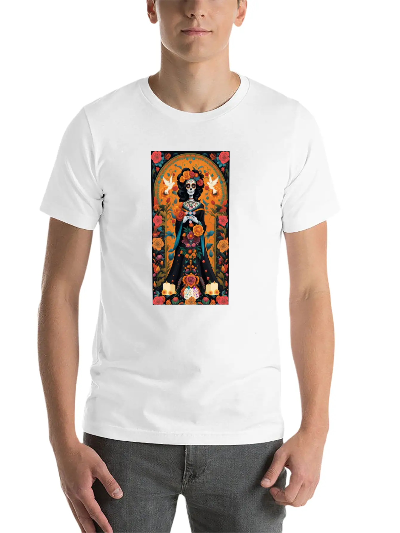 Sugar Skull Womans With Flowers, Doves, & Candles Classic Cotton Tee – Unisex Comfort For Any Season