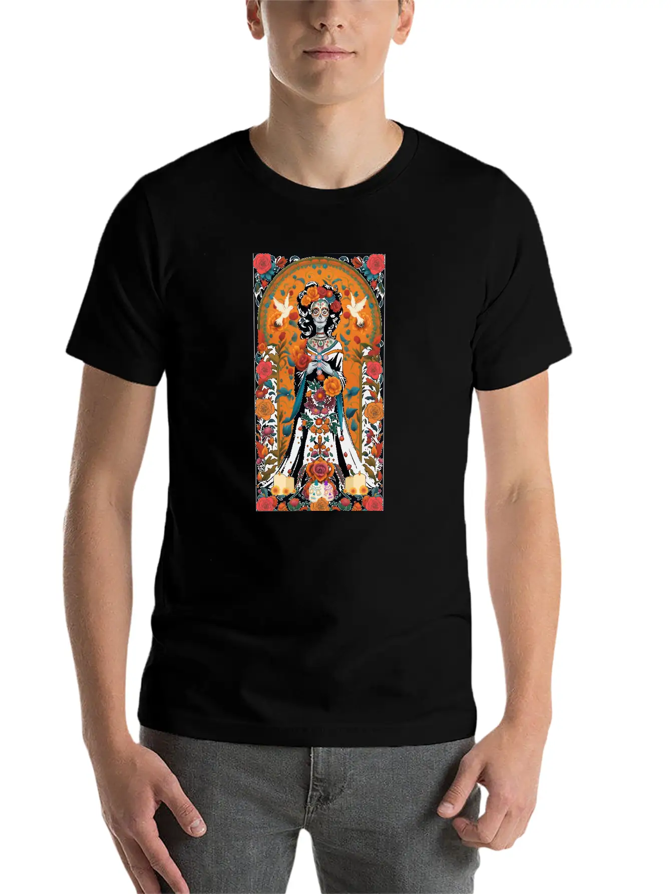 Sugar Skull Womans With Flowers, Doves, & Candles Classic Cotton Tee – Unisex Comfort For Any Season