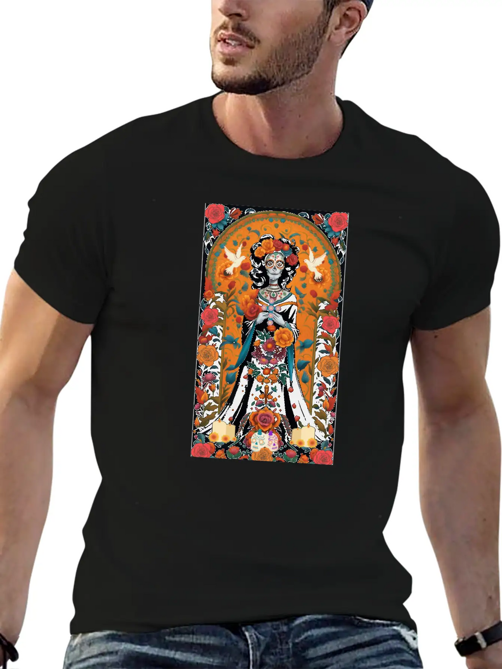 Sugar Skull Womans With Flowers, Doves, & Candles Classic Cotton Tee – Unisex Comfort For Any Season