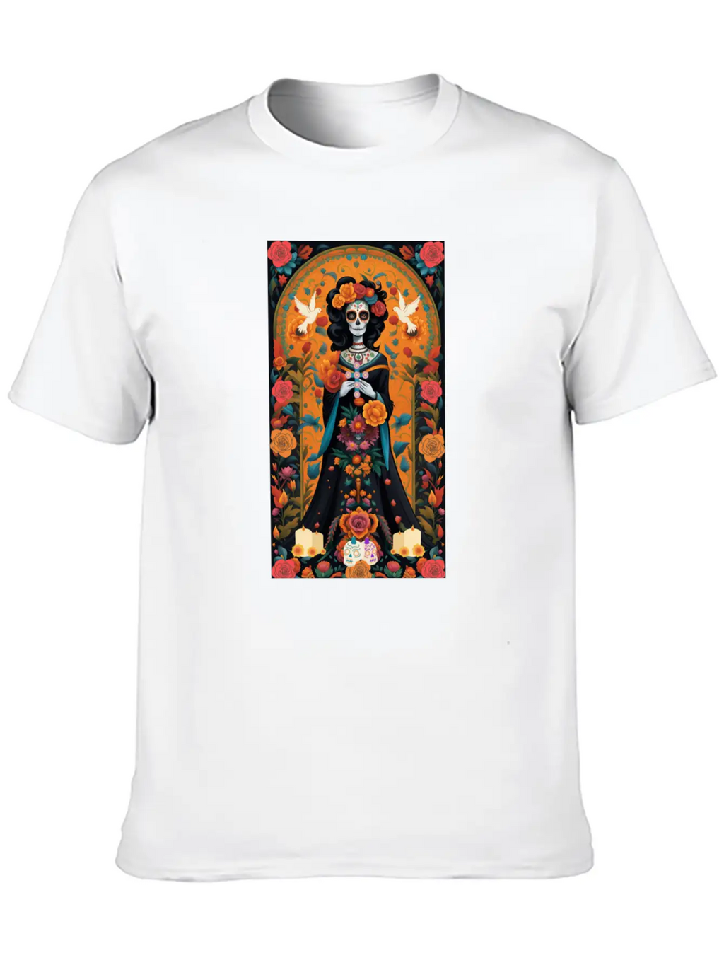 Sugar Skull Womans With Flowers, Doves, & Candles Classic Cotton Tee – Unisex Comfort For Any Season