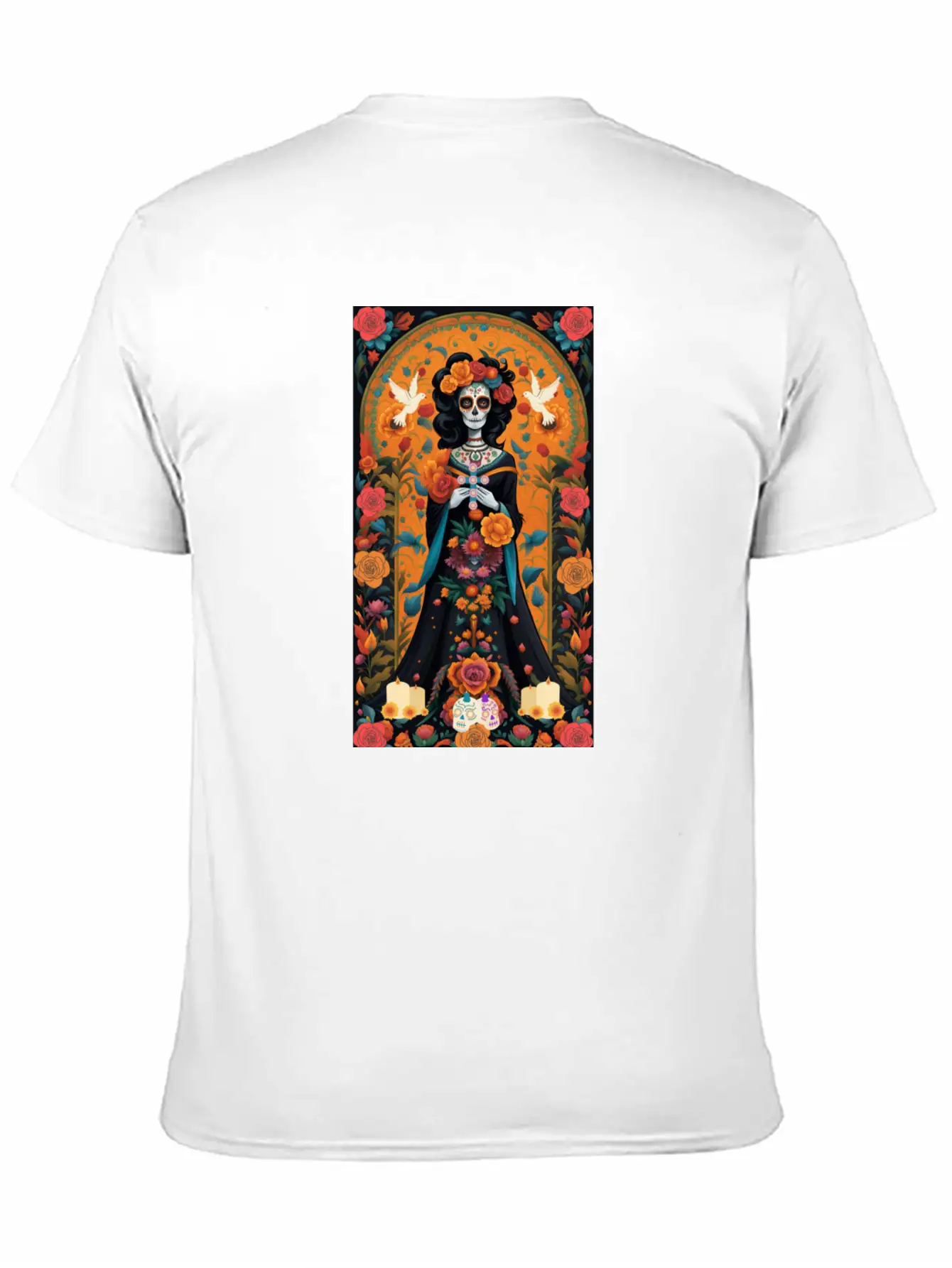 Sugar Skull Womans With Flowers, Doves, & Candles Classic Cotton Tee – Unisex Comfort For Any Season
