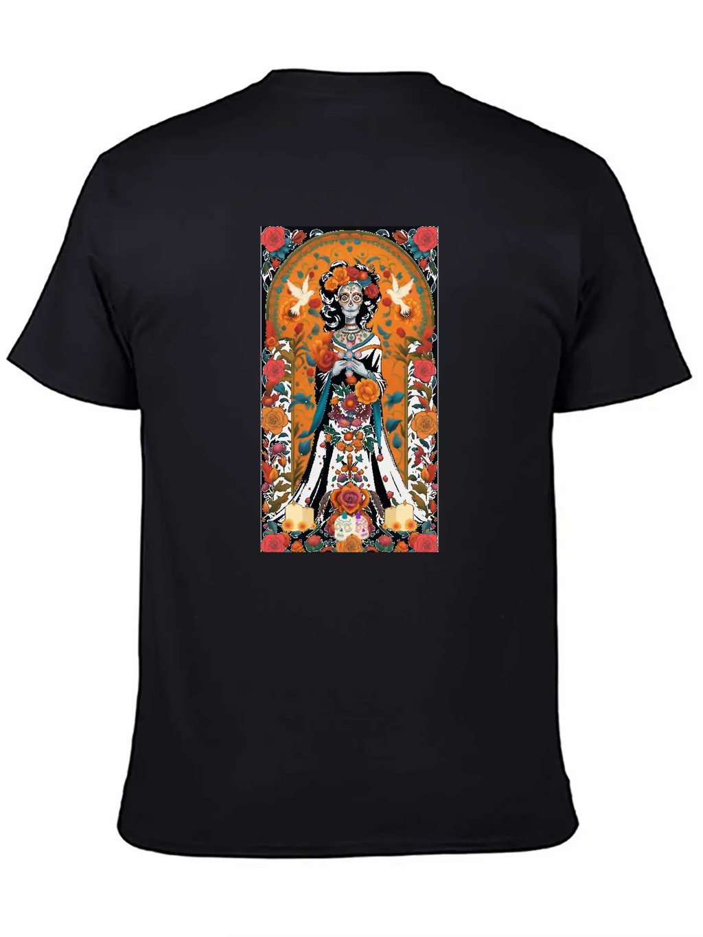 Sugar Skull Womans With Flowers, Doves, & Candles Classic Cotton Tee – Unisex Comfort For Any Season